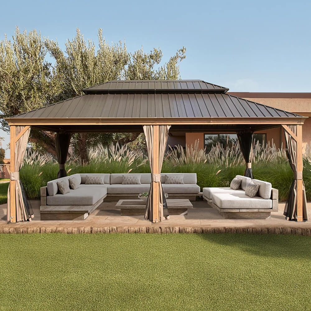 14x24 ft Heavy-Duty Aluminum Hardtop Gazebo with Double Roof, Curtains & Netting – Large Outdoor Pavilion