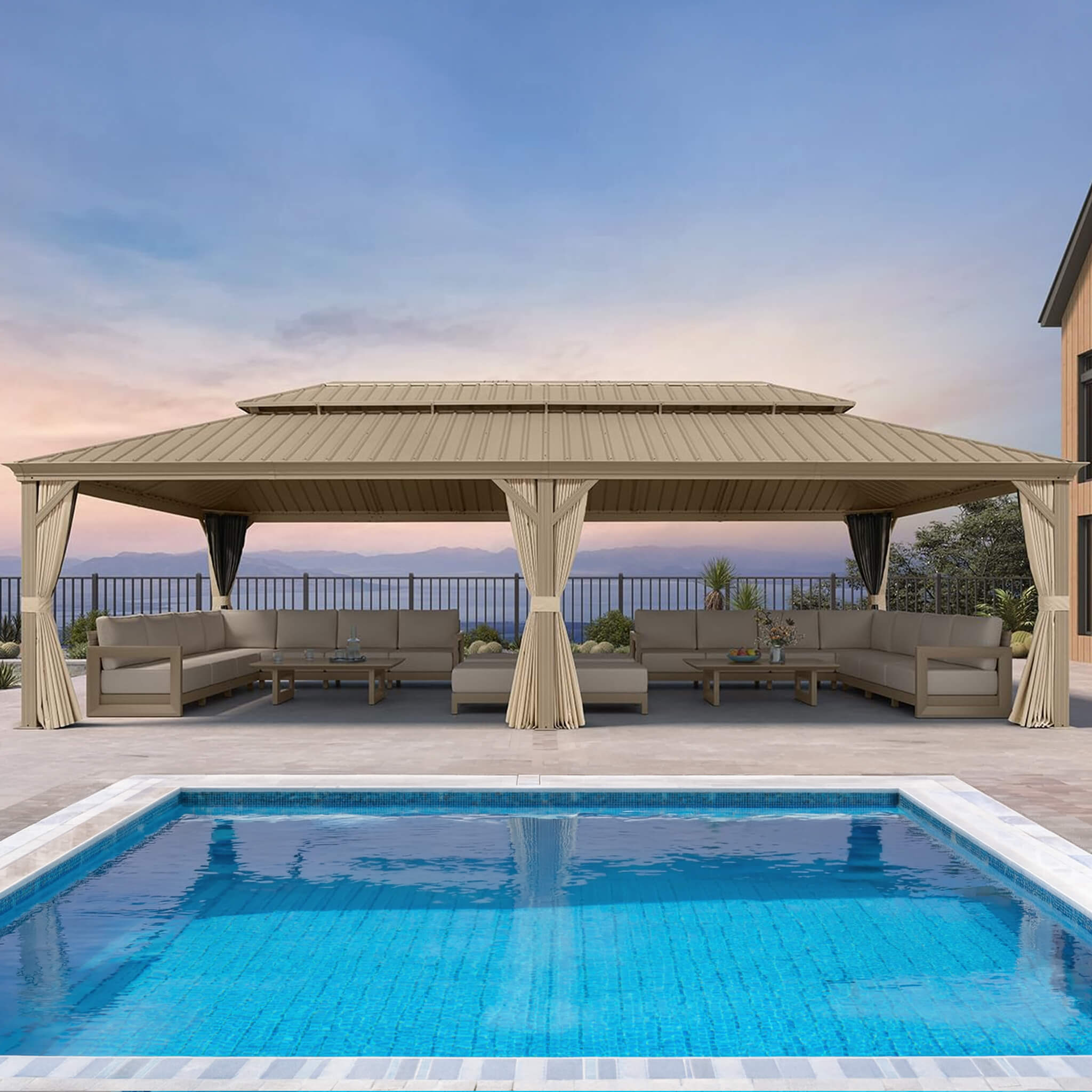 Alora 14x28 ft Extra-Large Hardtop Gazebo with Double Steel Roof, Curtains & Netting