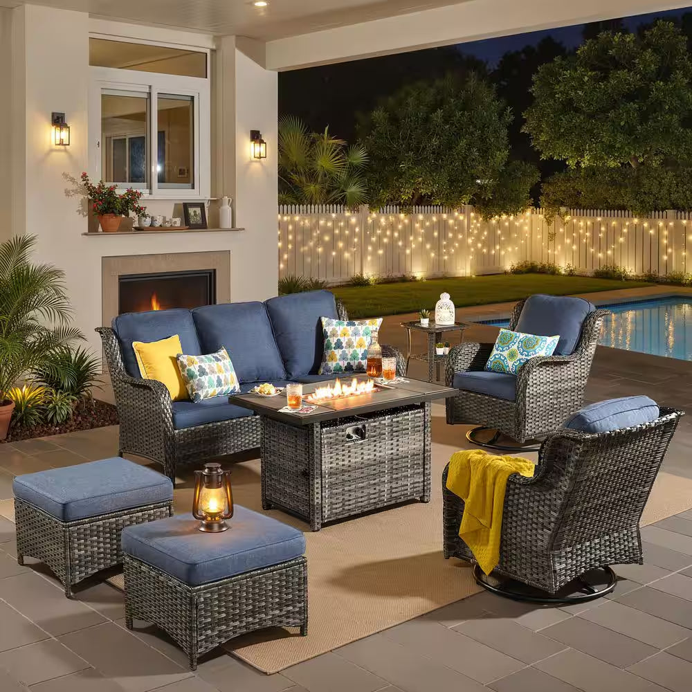 Joyoung Gray 7-Piece Wicker Patio Rectangle Fire Pit Conversation Set with Denim Blue Cushions and Swivel Chairs