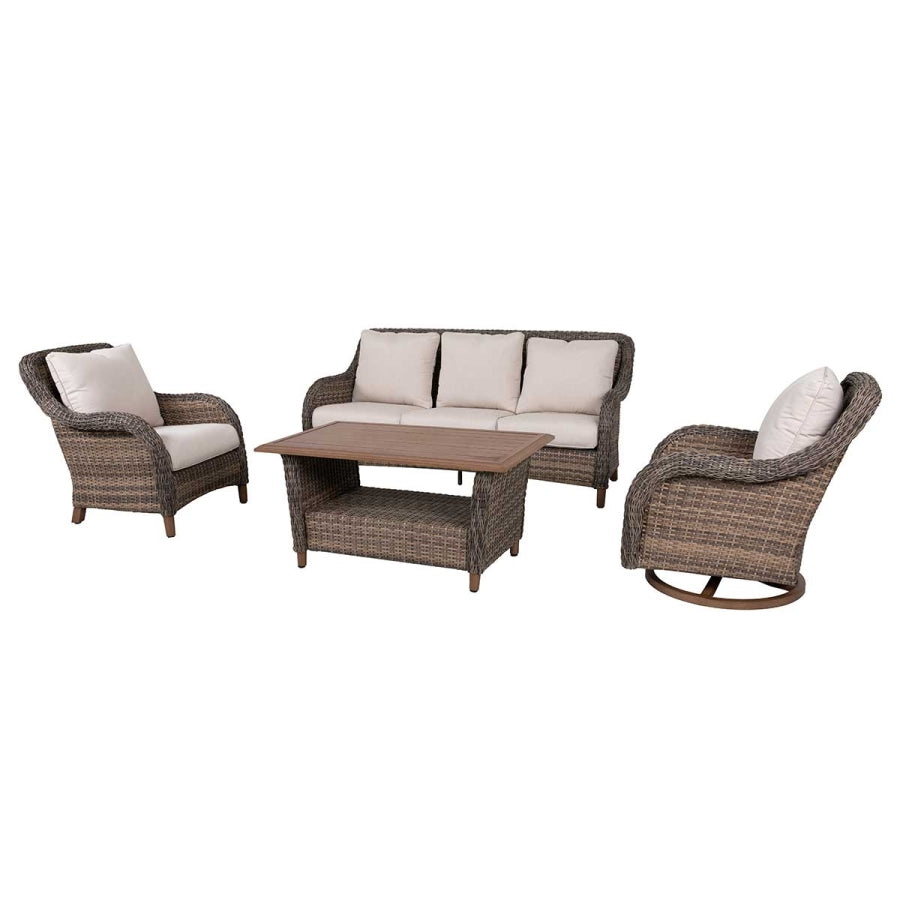 Mitchell 4-Piece Wicker Patio Set with Swivel Rocking Chair, Sofa & Sunbrella Cushions