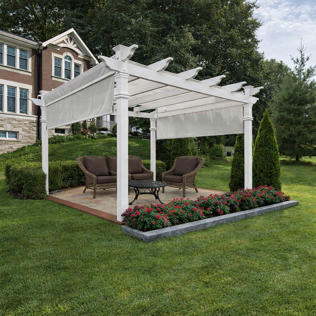 Vinyl Pergola with Adjustable Canopy – White