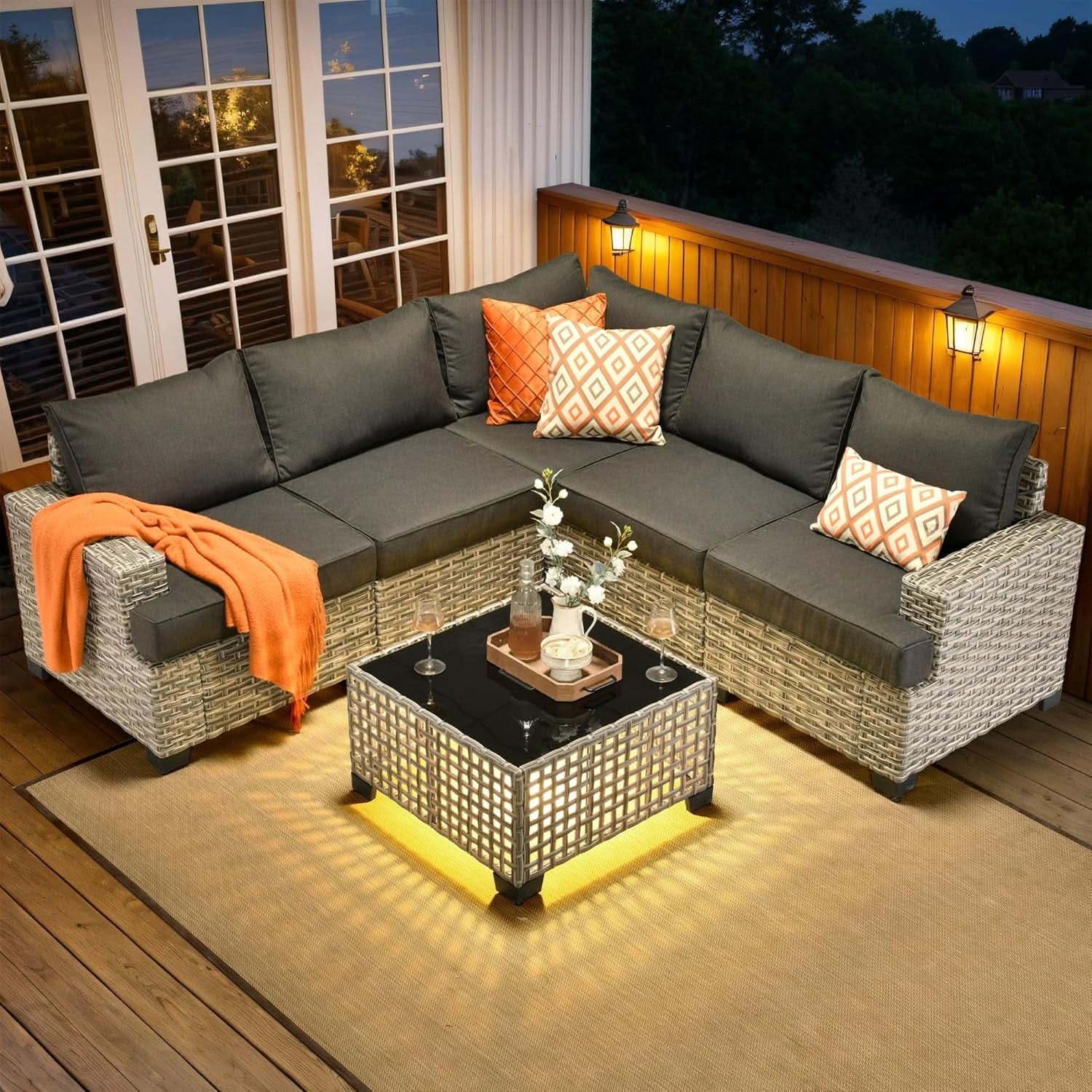 6 Piece Outdoor Rattan Wicker Sectional Sofa Set with light up Coffee Table