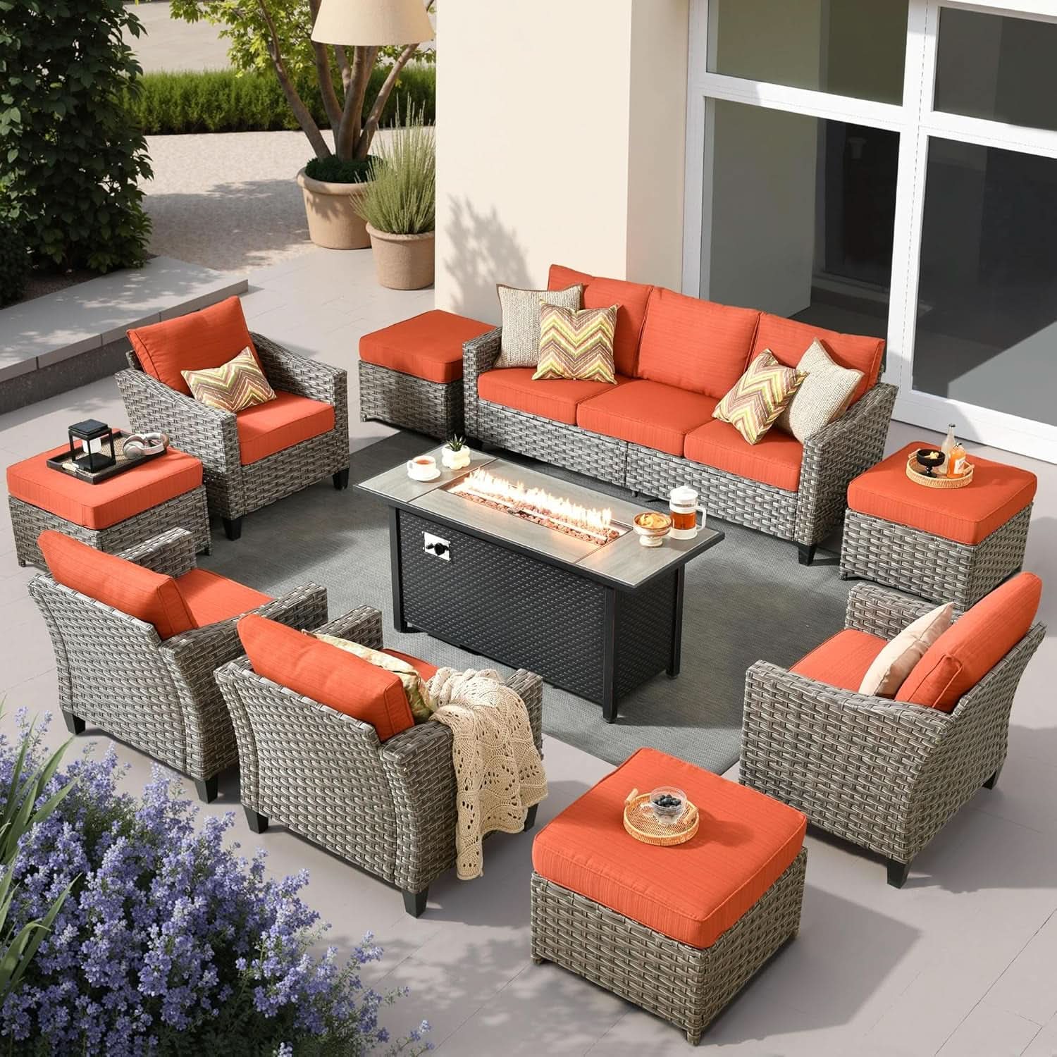 10-Piece Outdoor Wicker Patio Conversation Set with Fire Pit Table & Ottomans