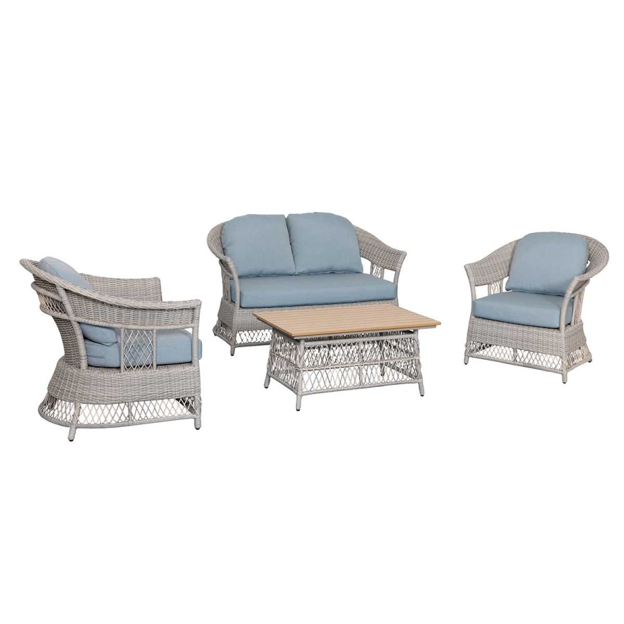 Shell 4-Piece Wicker Patio Sofa Set with Loveseat, Chairs & Wood-Look Table – Blue Cushions