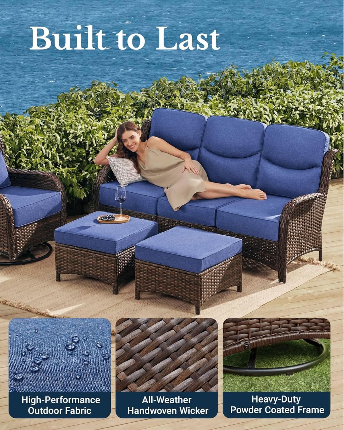 7-Piece Luxury Outdoor Wicker Patio Sofa Set with Swivel Rocking Chairs & Ottomans