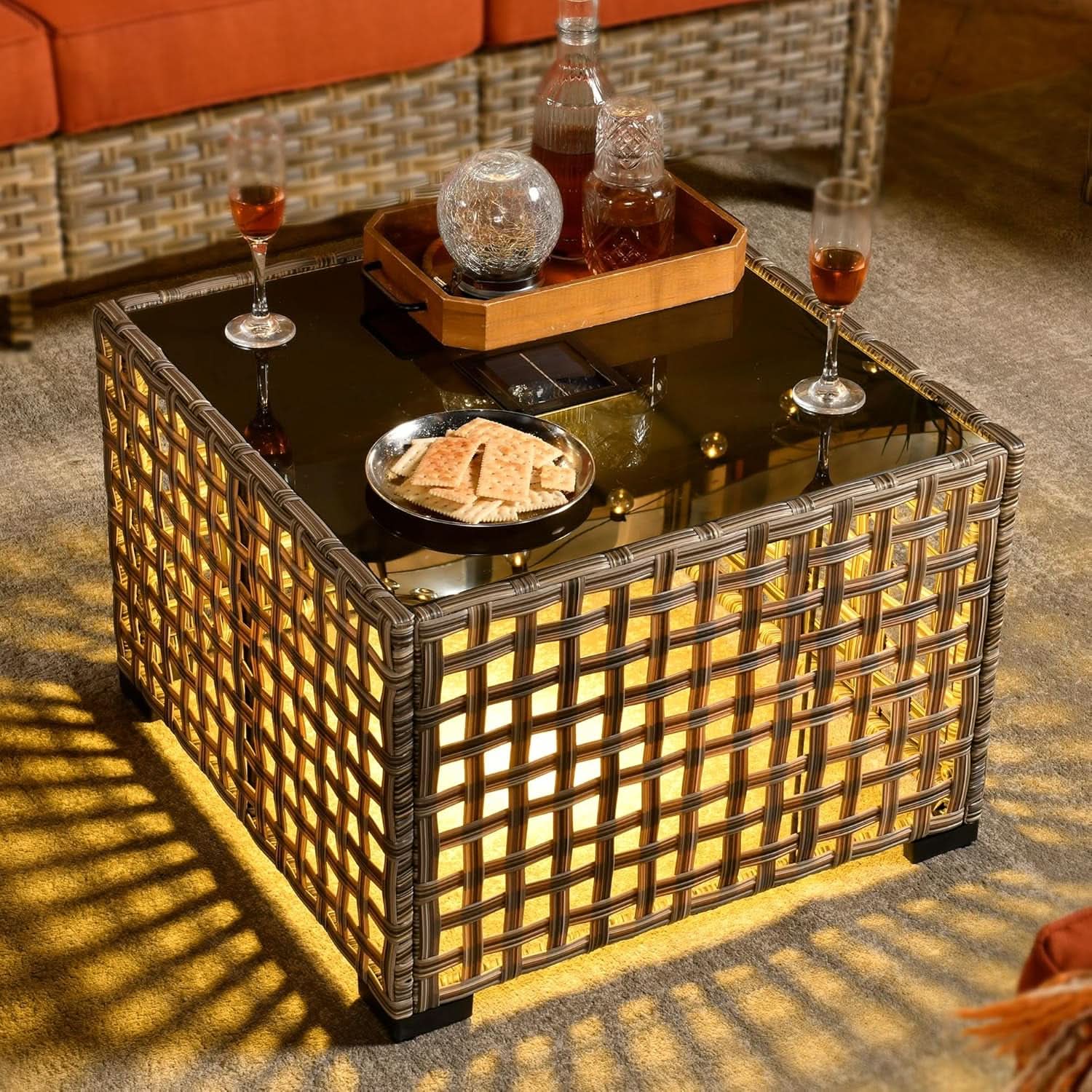 6 Piece Outdoor Rattan Wicker Sectional Sofa Set with light up Coffee Table
