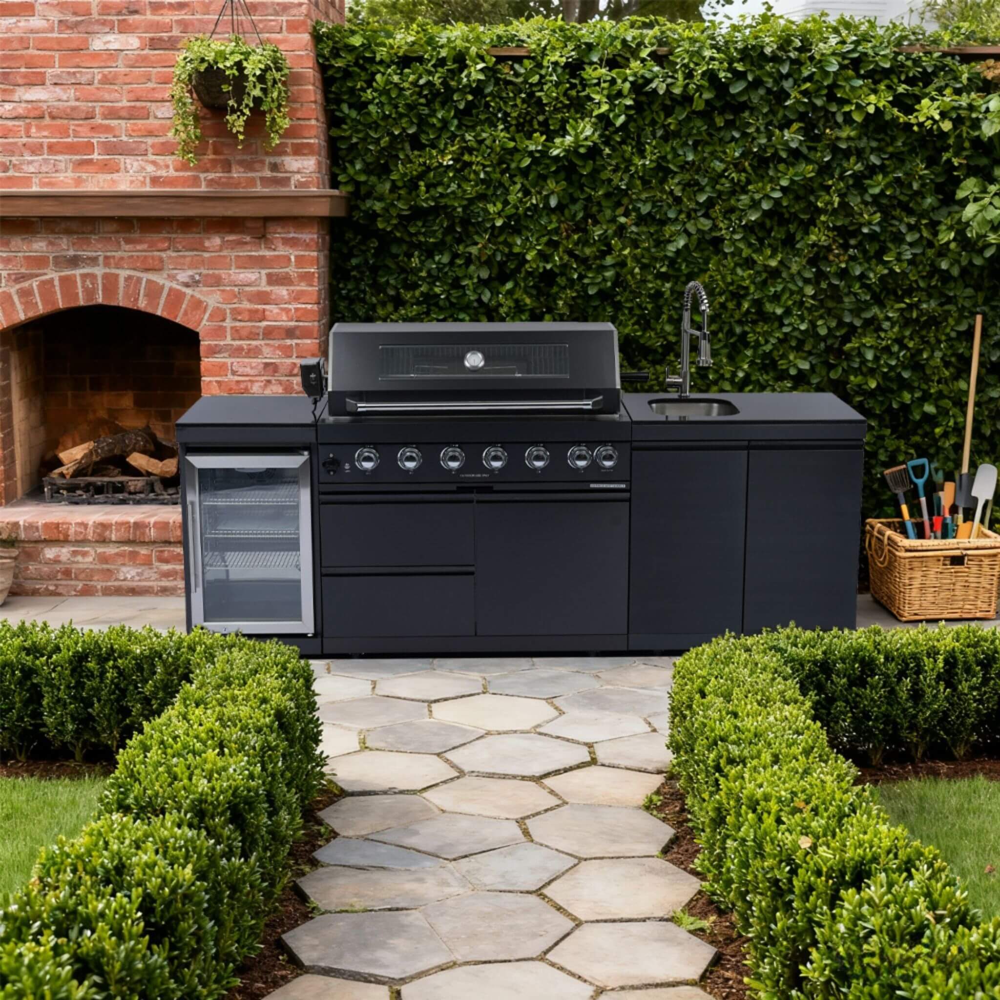 Castelle Flame 43 inch 6-Burner Outdoor Kitchen Island Grill with Sink & Wine Cooler – 85,000 BTU Stainless Steel