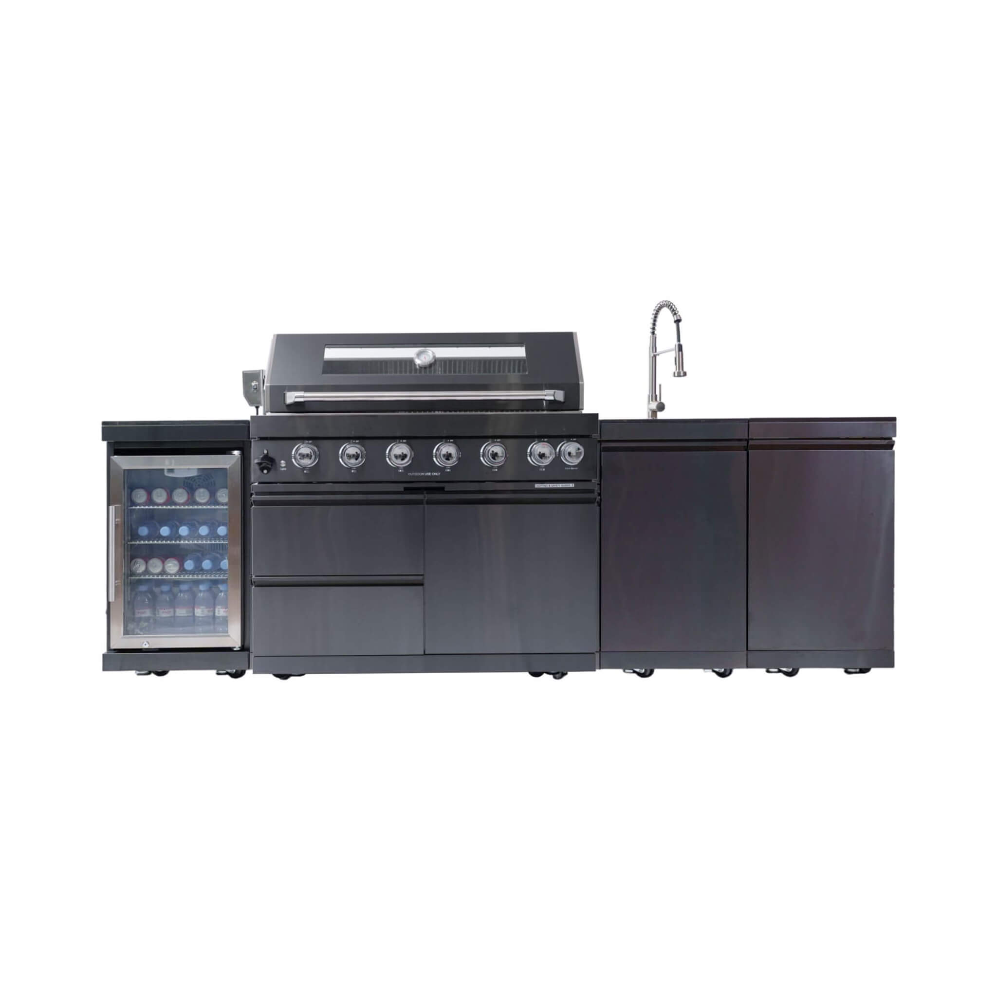 Castelle Flame 43 inch 6-Burner Stainless Steel Outdoor Kitchen Island Grill with Wine Cooler and Sink