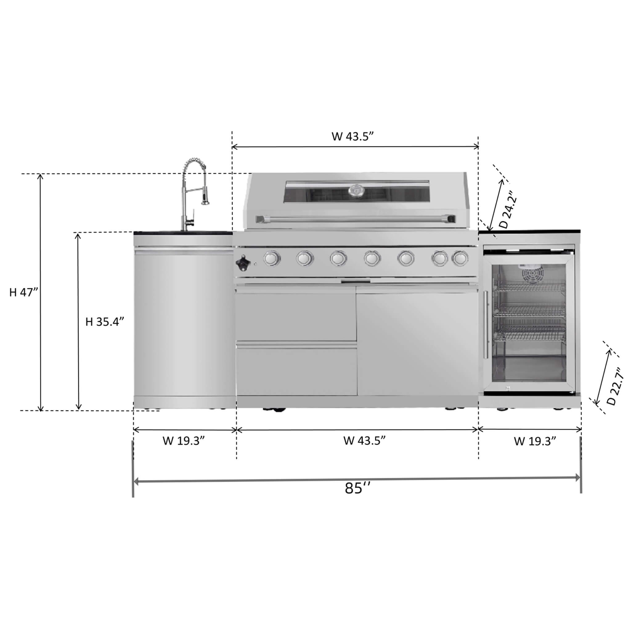 Castelle Flame 44 inch 6-Burner Outdoor Kitchen Island Grill with Stainless Steel Construction & Built-In Wine Cooler