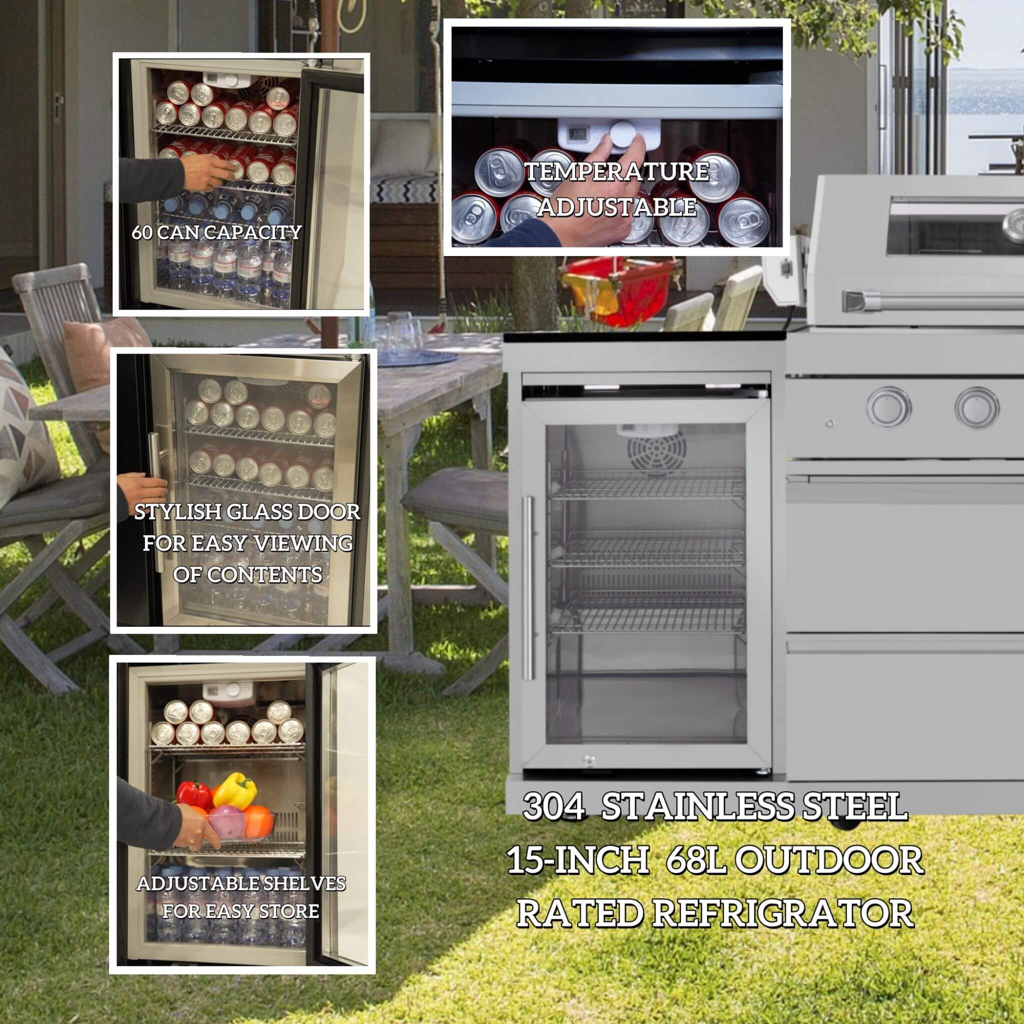 Castelle Flame 44 inch 6-Burner Outdoor Kitchen Island Grill with Stainless Steel Construction & Built-In Wine Cooler