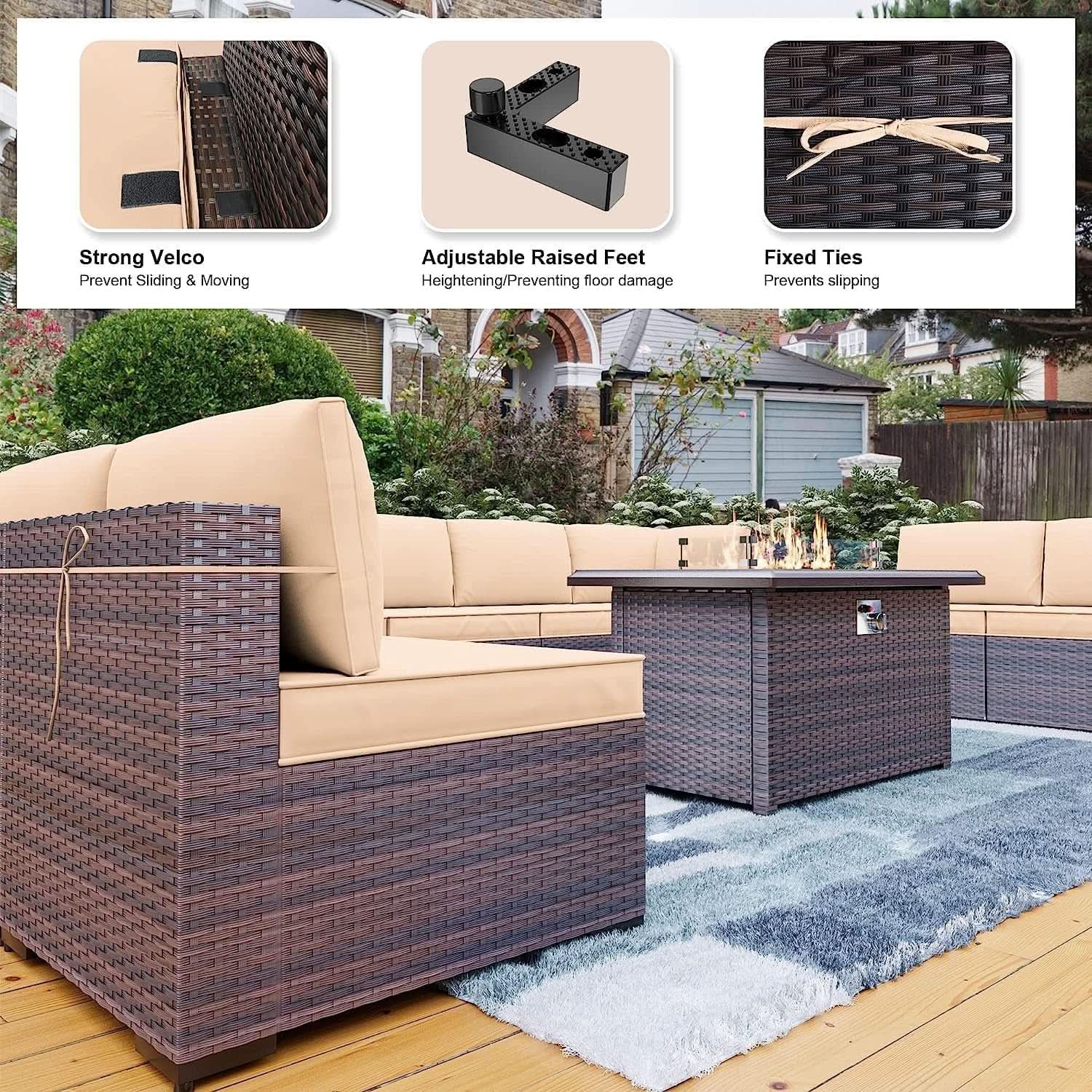 Luxury 13-Piece Modular Outdoor Wicker Patio Furniture Set with Fire Pit Table & Glass Side Tables