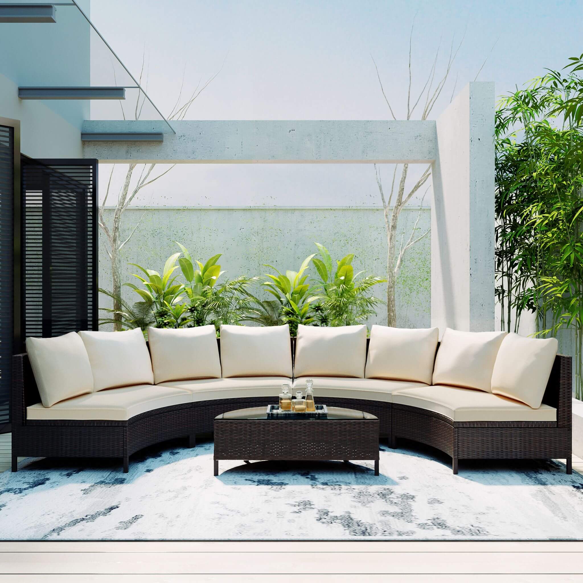 Alora 5-Piece Half-Moon Rattan Wicker Outdoor Sectional Sofa Set with Glass Table