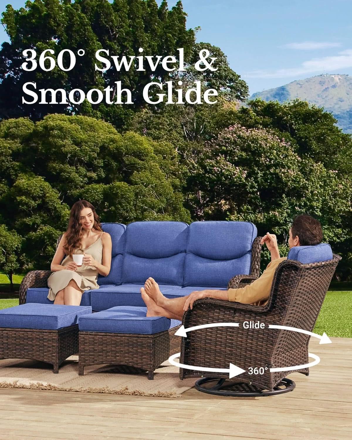 7-Piece Luxury Outdoor Wicker Patio Sofa Set with Swivel Rocking Chairs & Ottomans