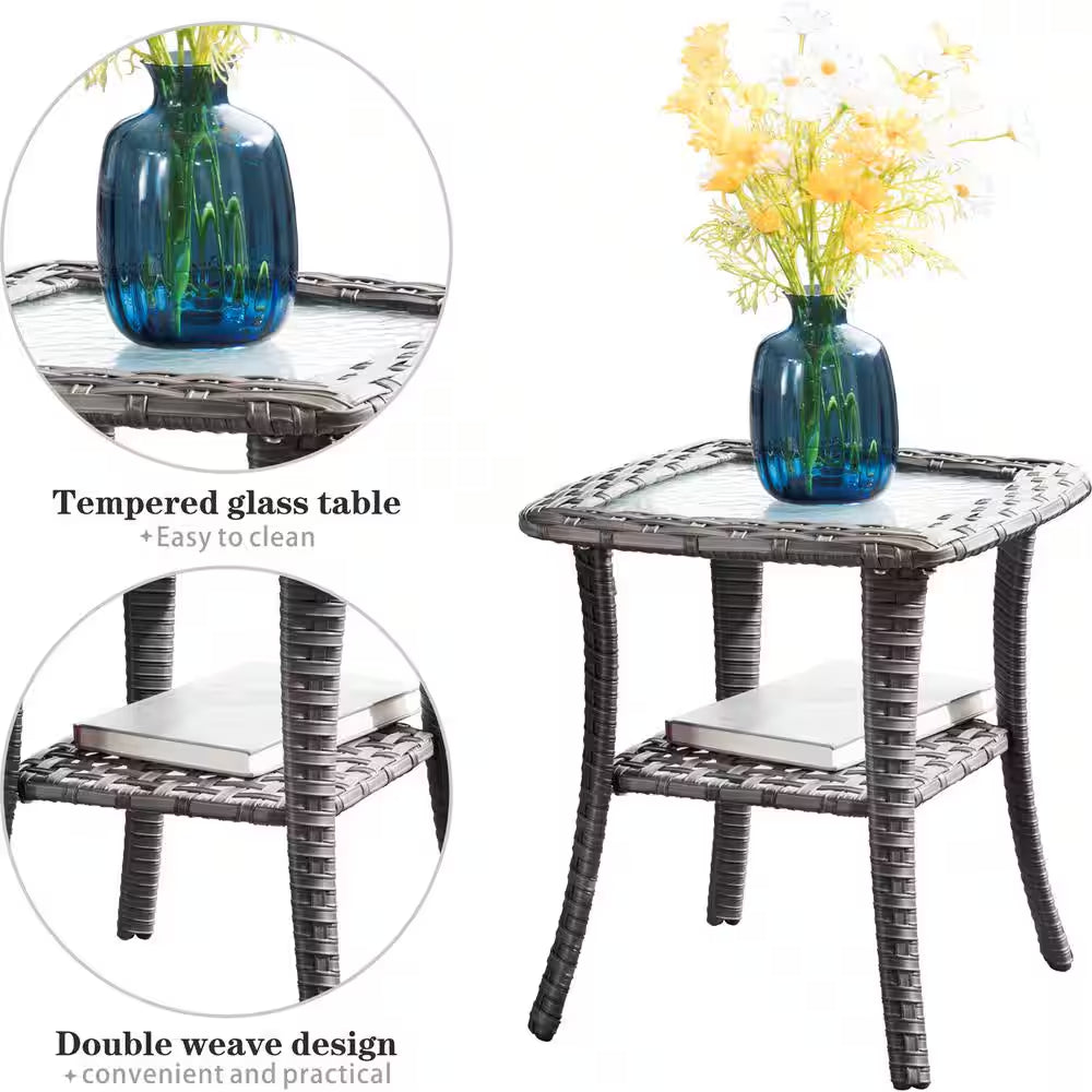 Joyoung Gray 7-Piece Wicker Patio Rectangle Fire Pit Conversation Set with Denim Blue Cushions and Swivel Chairs