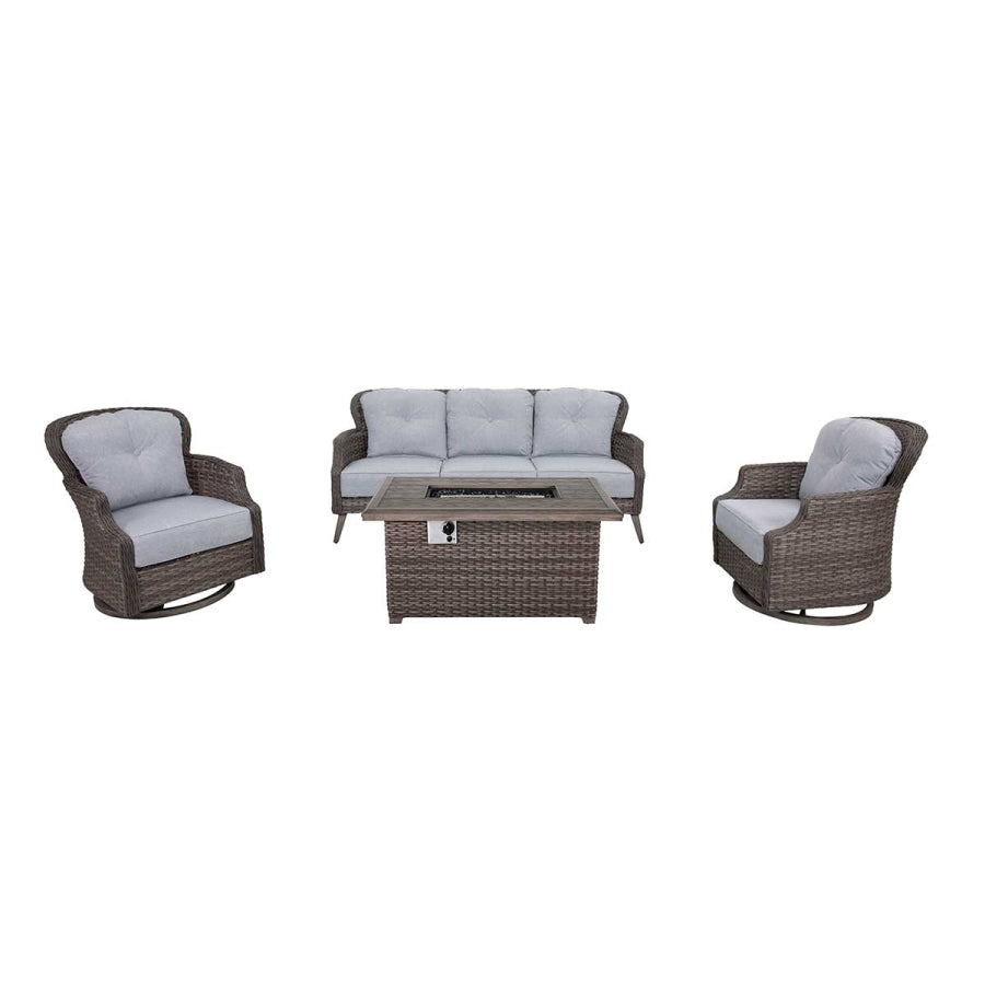Tenaya 4-Piece Wicker Patio Set with Fire Pit Table & Swivel Rocking Chairs, 6" Cushions