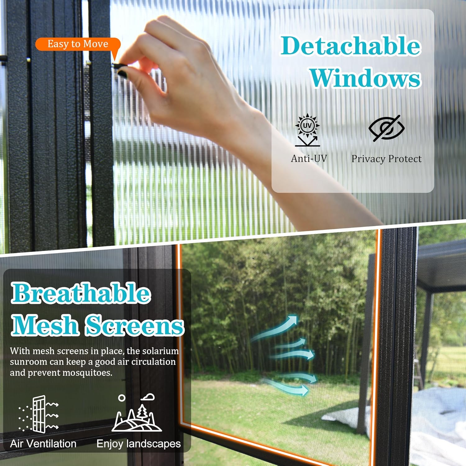 10x12FT All Season Aluminum Sunroom with Detachable Windows