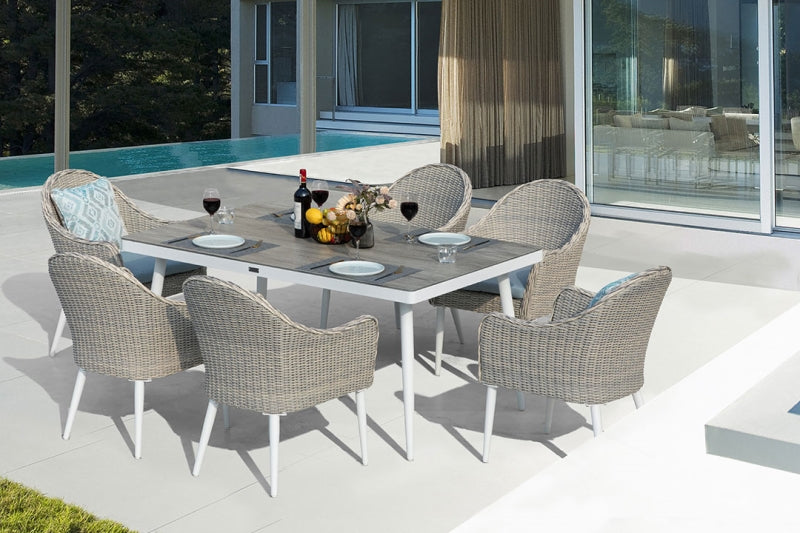 Allux 7-Piece Wicker Patio Dining Set with Ceramic Top Table & Cushioned Chairs – Seats 6