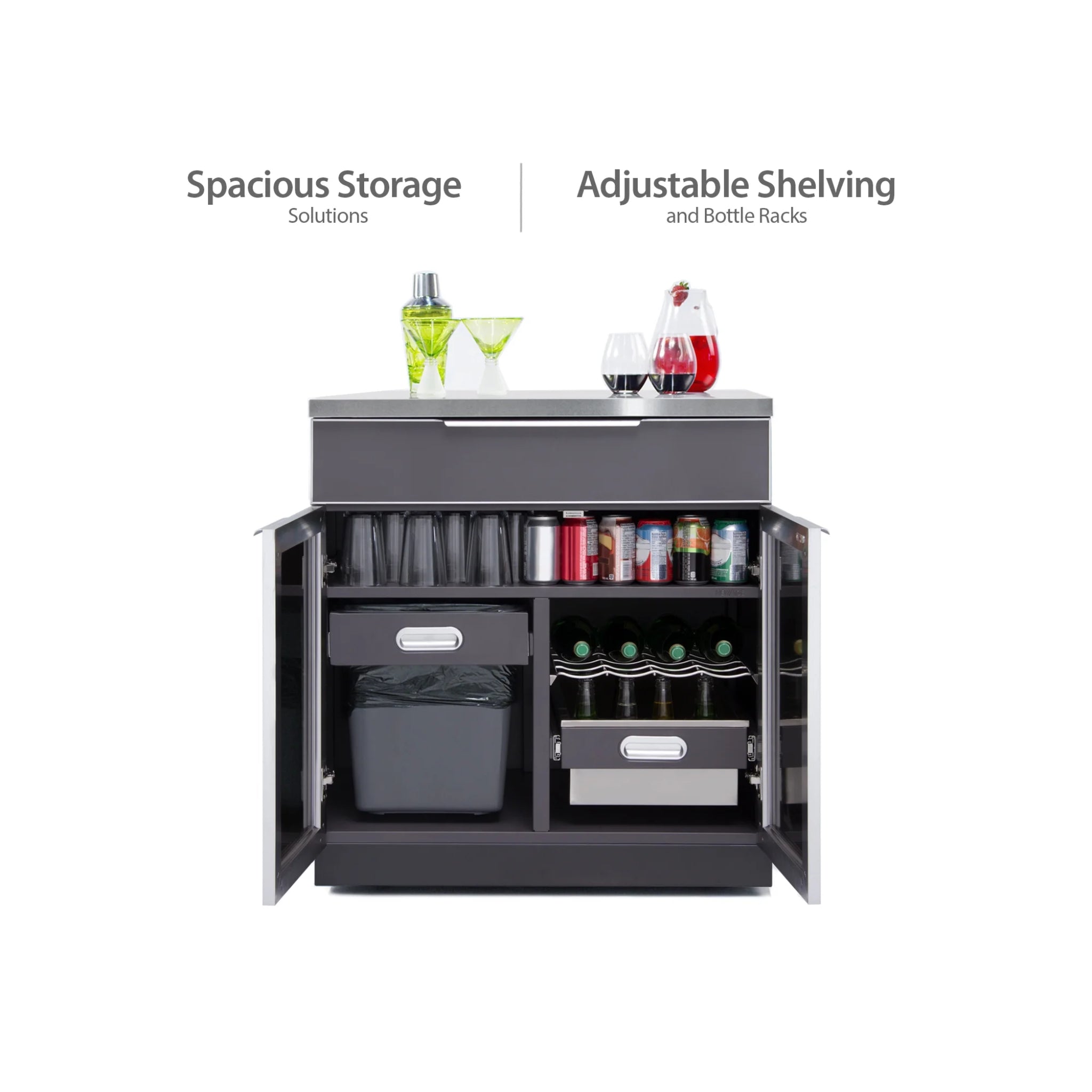 NewAge Products 96 inch Slate Gray Outdoor Kitchen Cabinet Set – 4-Piece with Stainless Steel Countertop & Bar Station