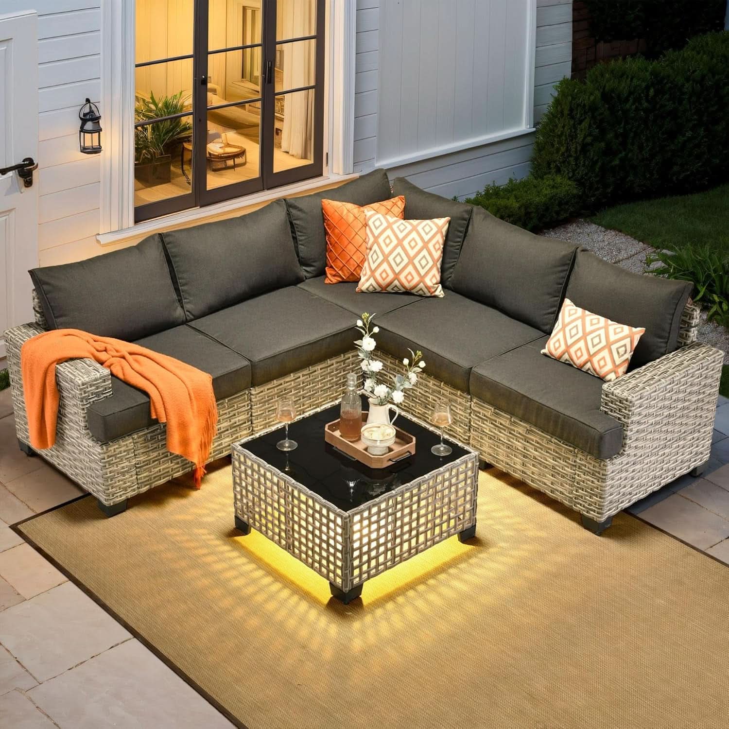 6 Piece Outdoor Rattan Wicker Sectional Sofa Set with light up Coffee Table