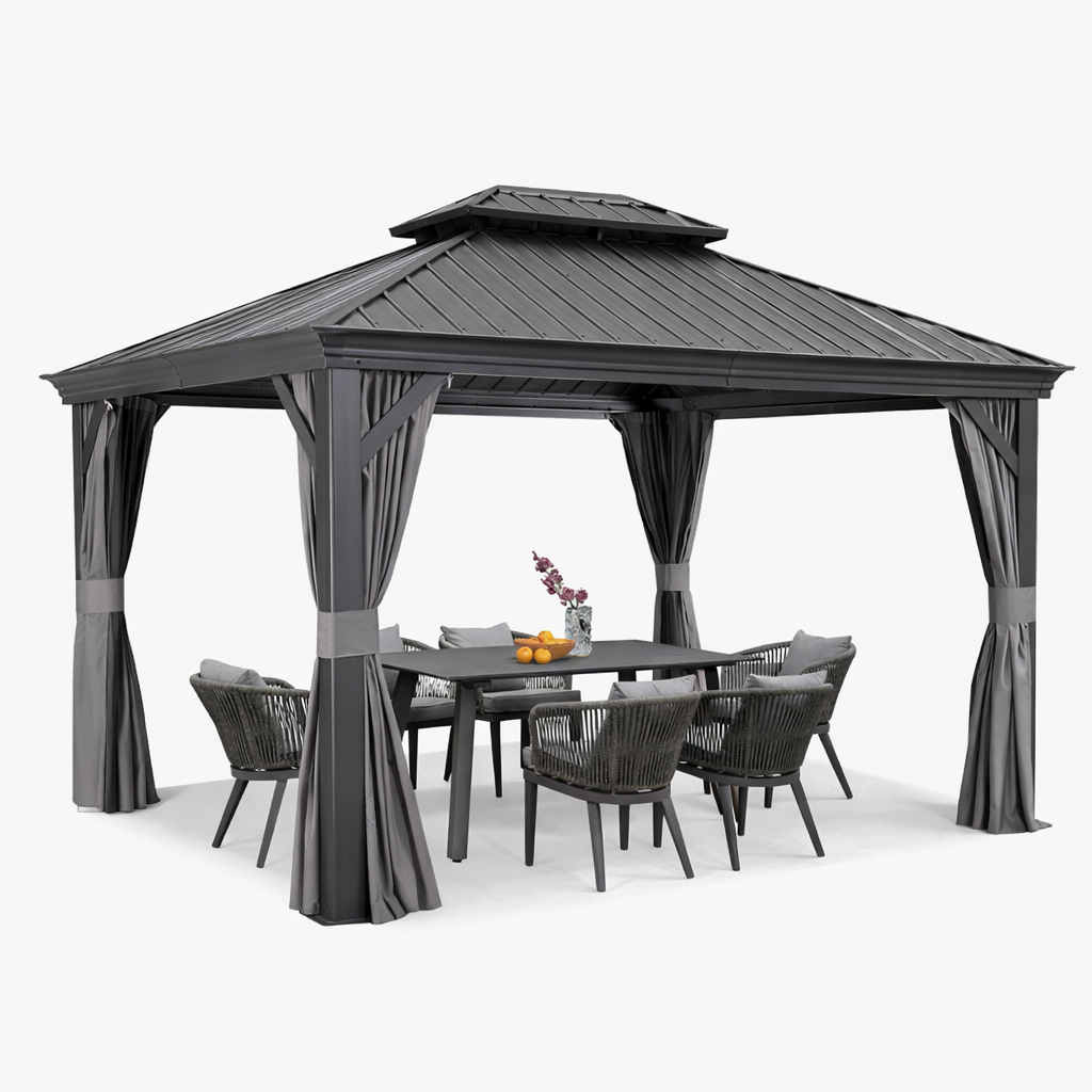 10x13 ft Aluminum Hardtop Gazebo with Double Roof, Curtains & Netting
