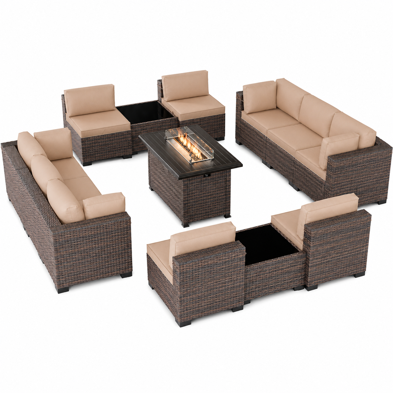 Luxury 13-Piece Modular Outdoor Wicker Patio Furniture Set with Fire Pit Table & Glass Side Tables
