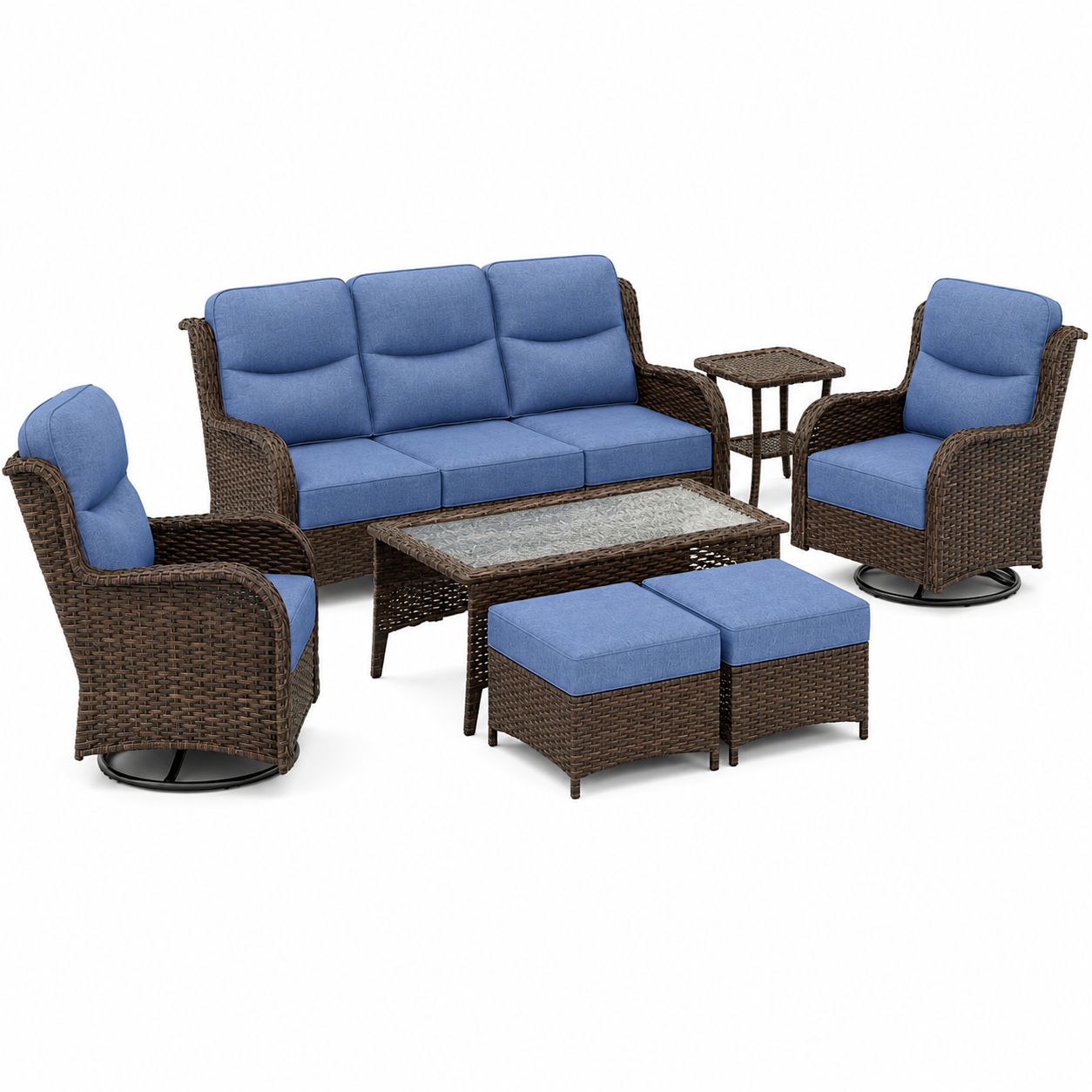 7-Piece Luxury Outdoor Wicker Patio Sofa Set with Swivel Rocking Chairs & Ottomans