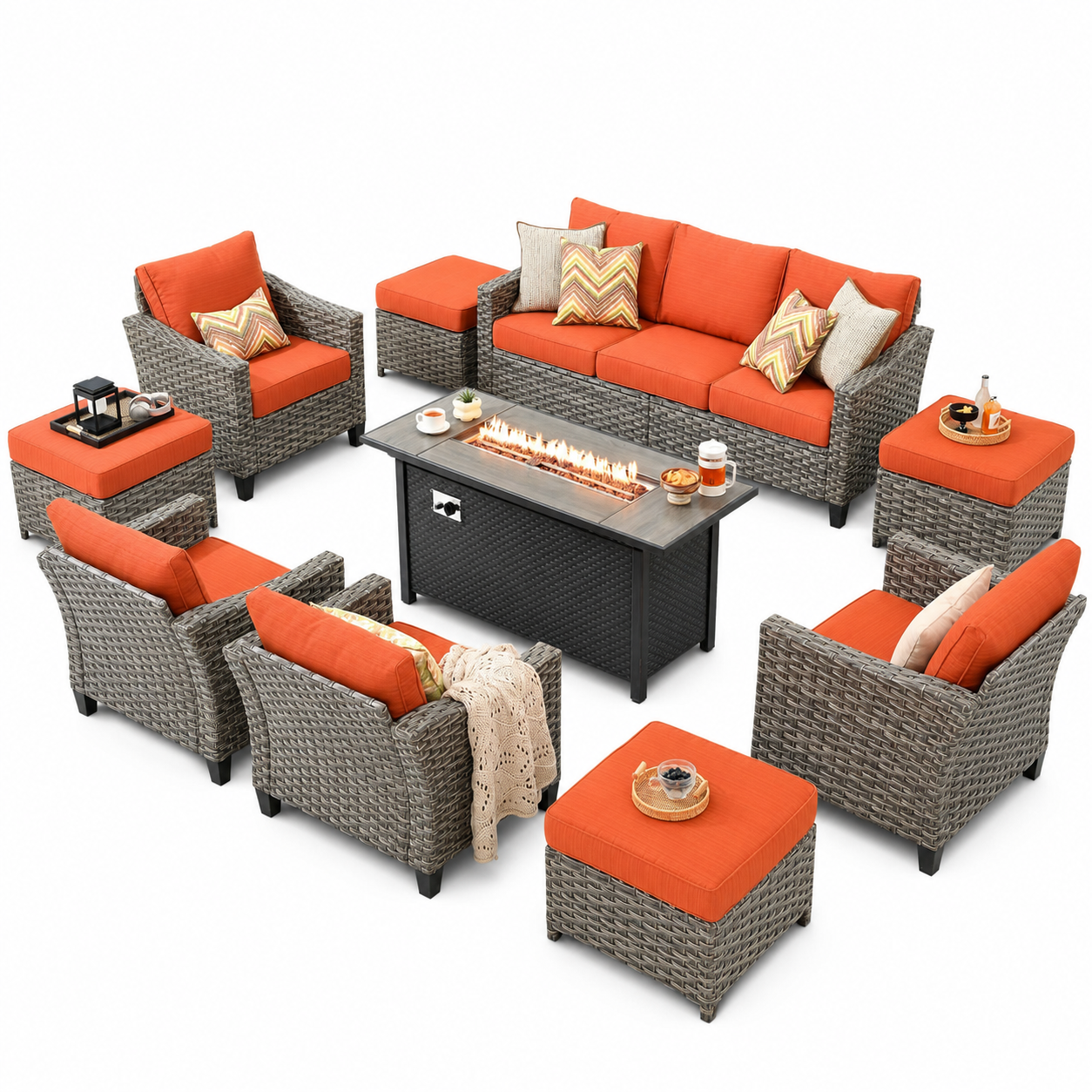 10-Piece Outdoor Wicker Patio Conversation Set with Fire Pit Table & Ottomans