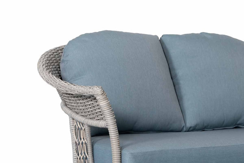 Shell 4-Piece Wicker Patio Sofa Set with Loveseat, Chairs & Wood-Look Table – Blue Cushions