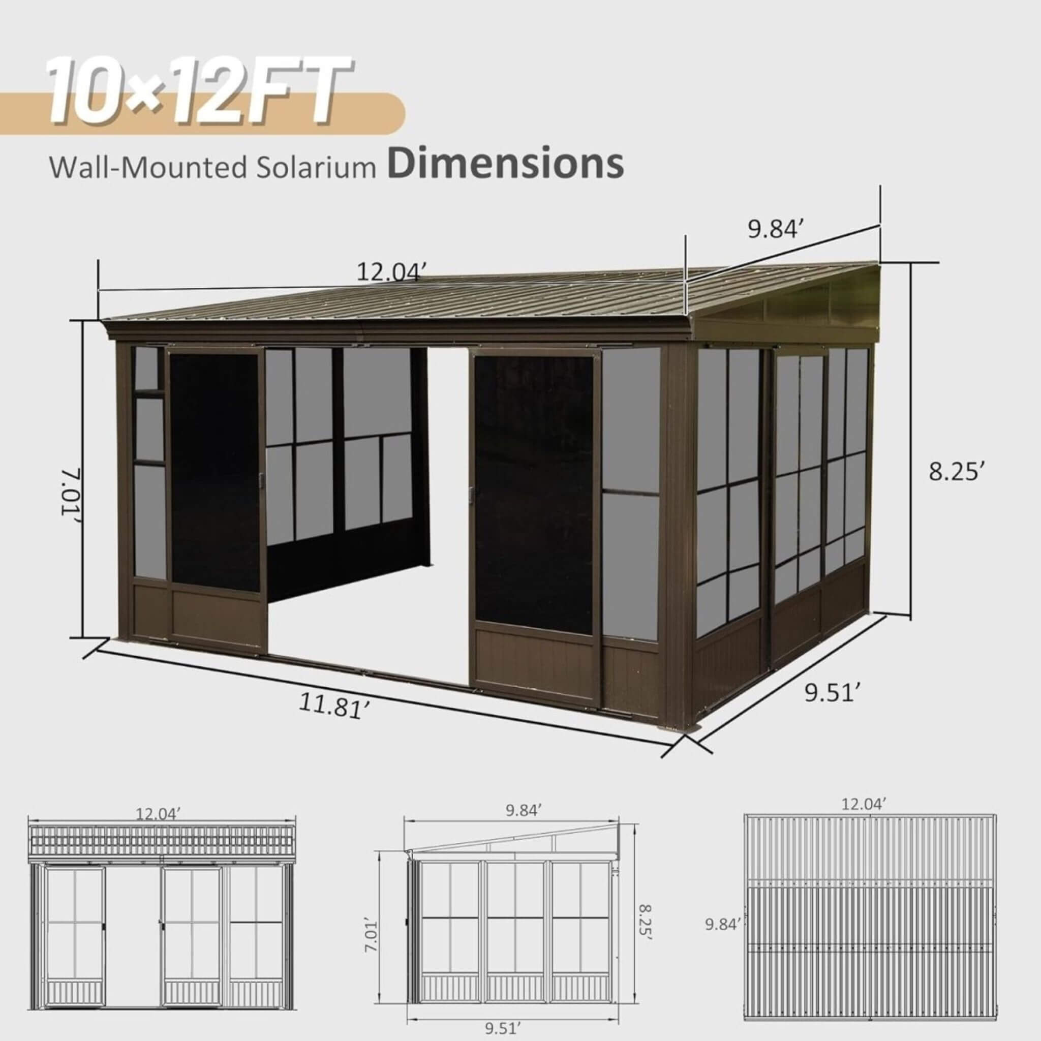 [10X12FT] Alora Atrium Premium Against Wall Mounted Solarium Sunroom With Galvanized Steel Sloping Roof