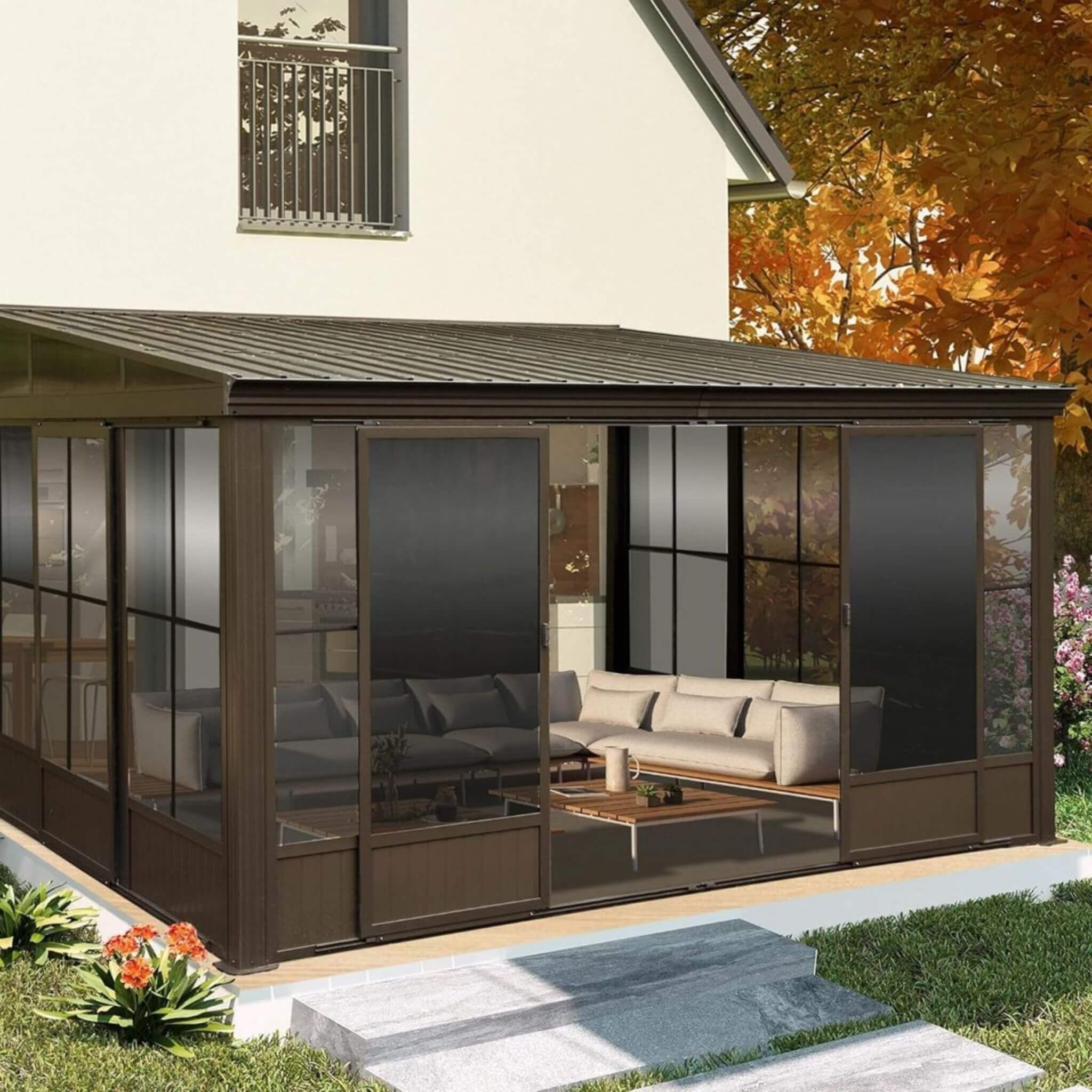 [10X12FT] Alora Atrium Premium Against Wall Mounted Solarium Sunroom With Galvanized Steel Sloping Roof