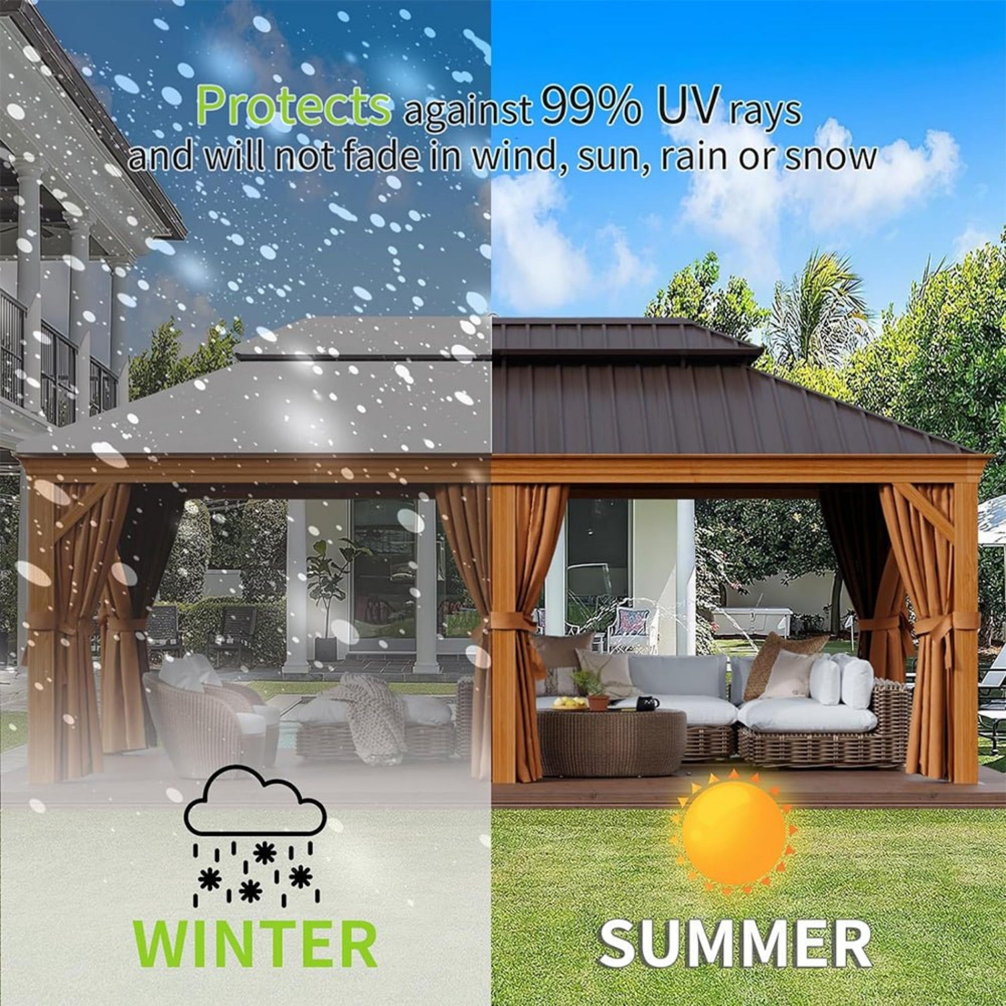 Alora 12x20 ft Aluminum Hardtop Gazebo with Wood Grain Finish, Curtains & Netting