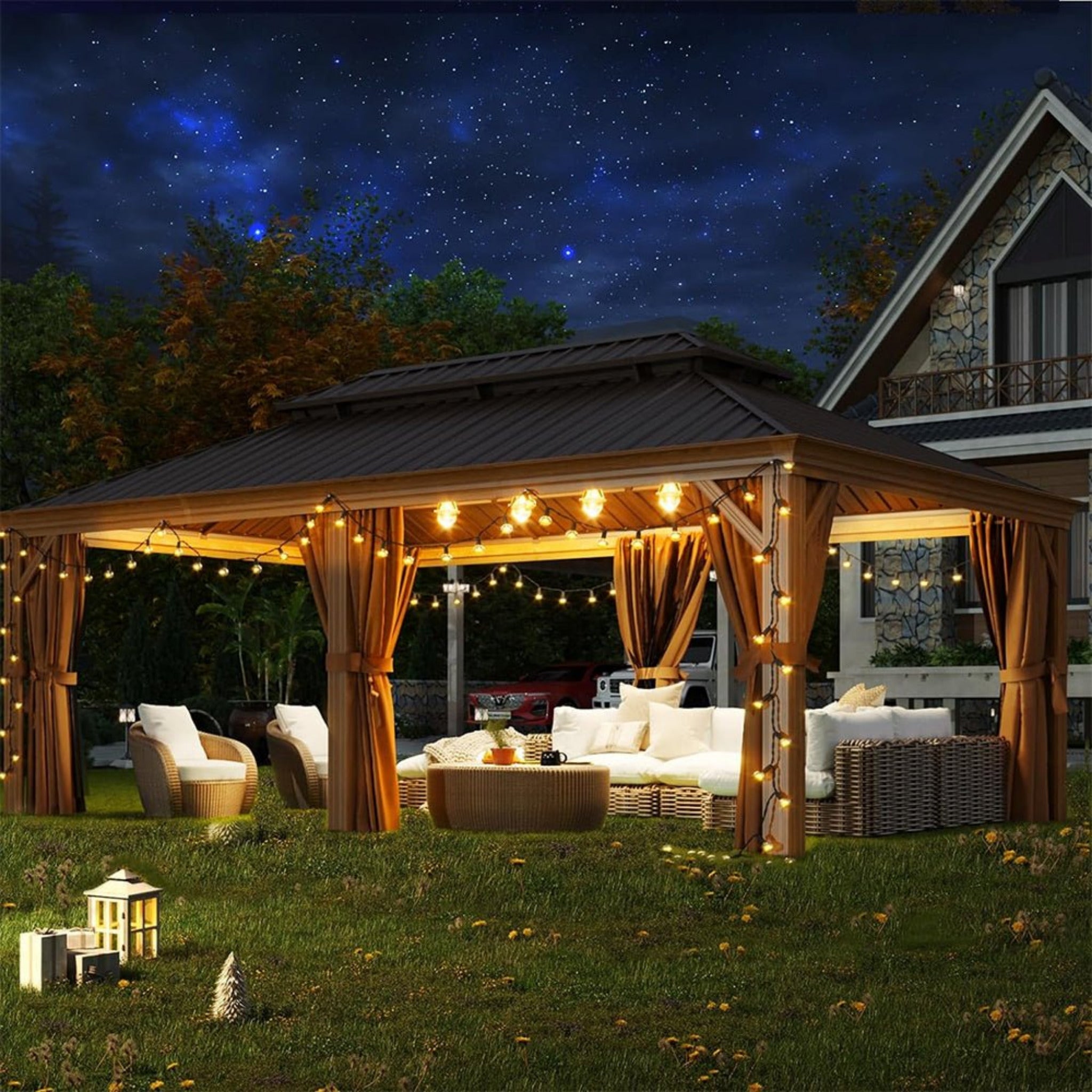 Alora 12x20 ft Aluminum Hardtop Gazebo with Wood Grain Finish, Curtains & Netting