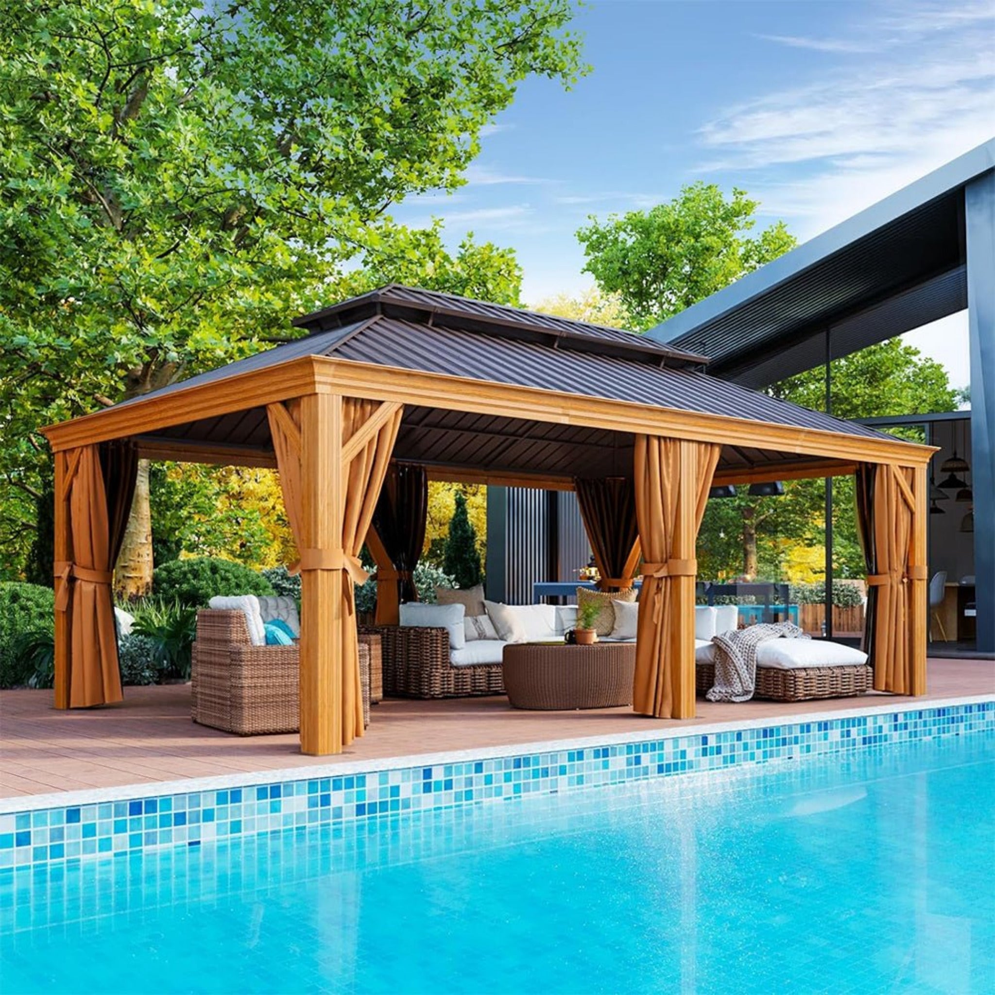 Alora 12x20 ft Aluminum Hardtop Gazebo with Wood Grain Finish, Curtains & Netting