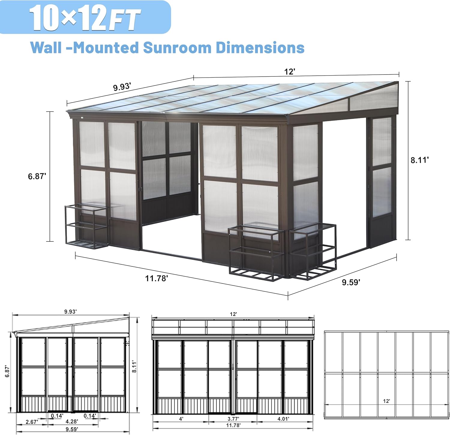 10x12FT All Season Aluminum Sunroom with Detachable Windows