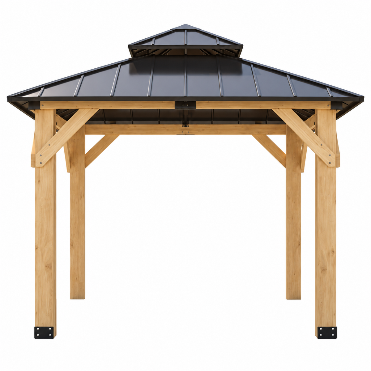 [10 × 10 FT] Permanent Galvanized Steel Double Roof Cedar Wood Gazebo