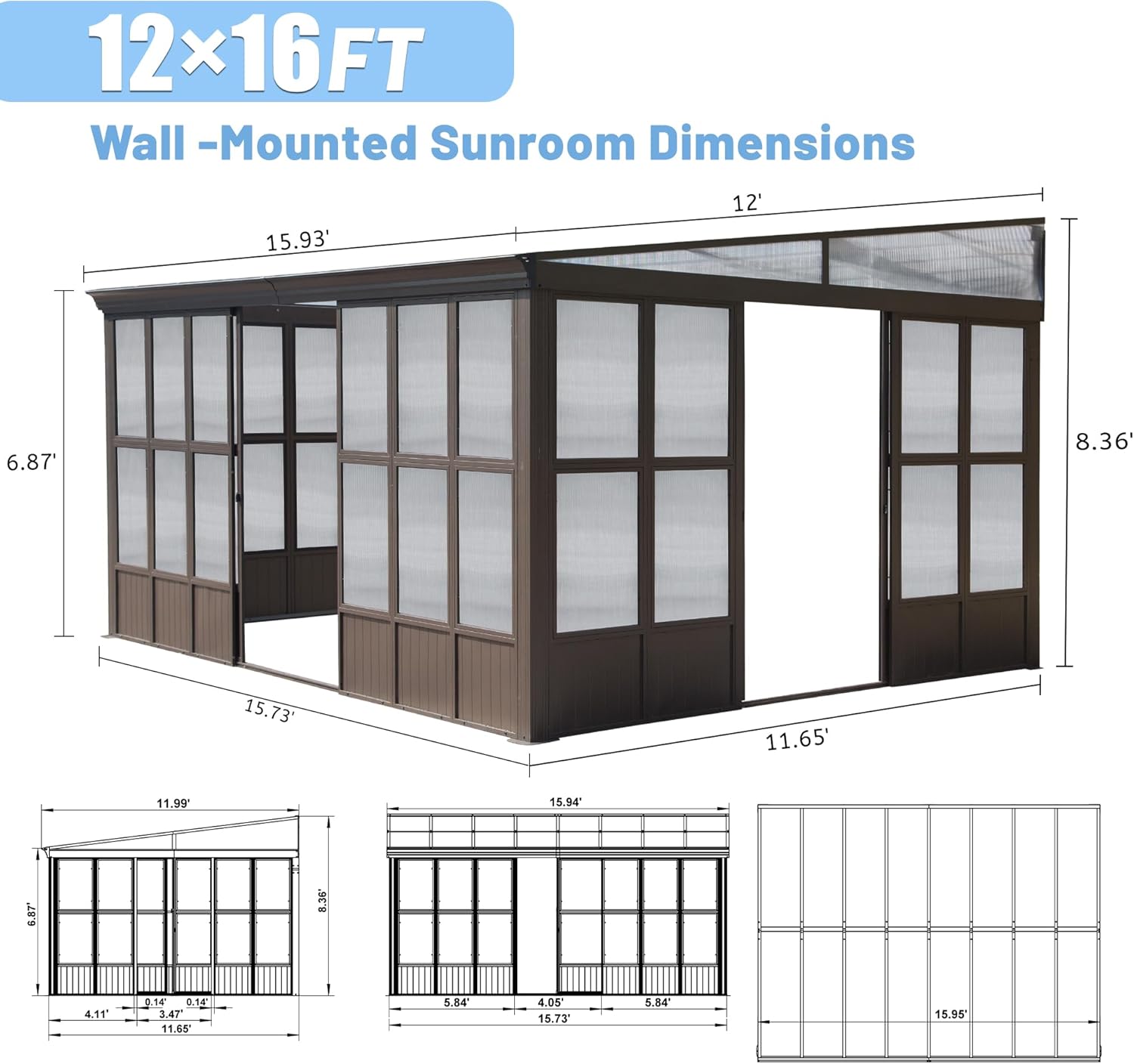 12x16FT All Season Sunroom with Detachable Polycarbonate Windows
