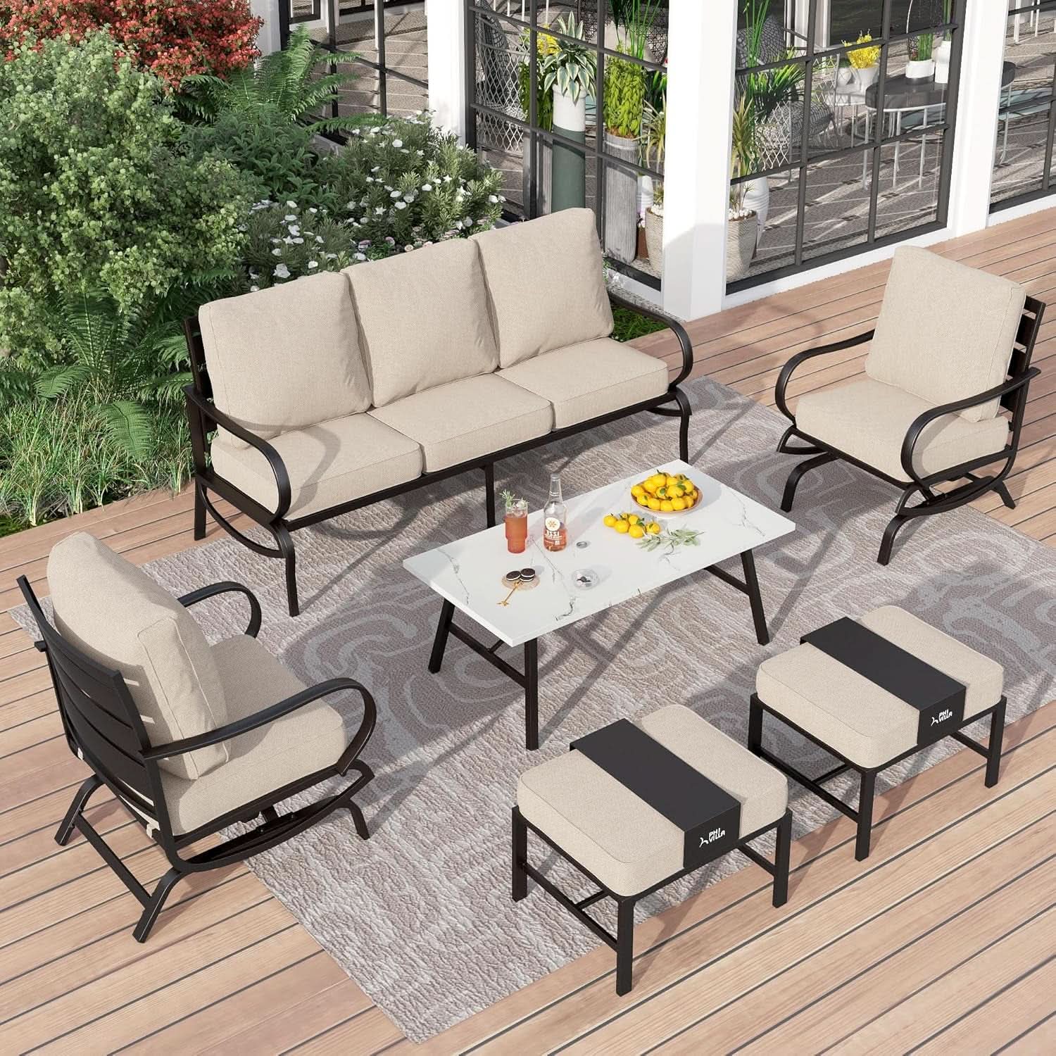 6-Piece Outdoor Patio Conversation Set with Cushioned Ottomans & Coffee Table
