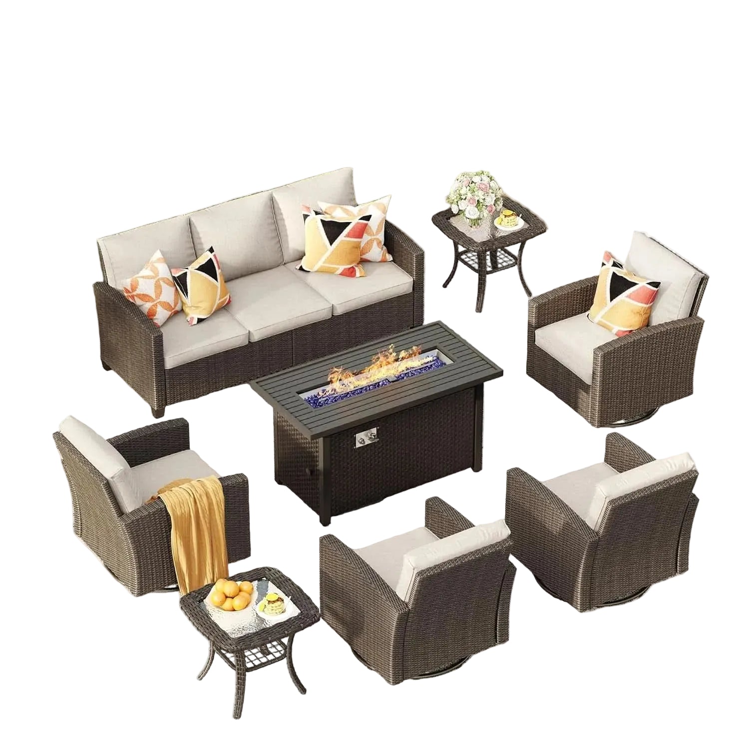 Eight Piece Outdoor Patio Furniture Set with Firepit