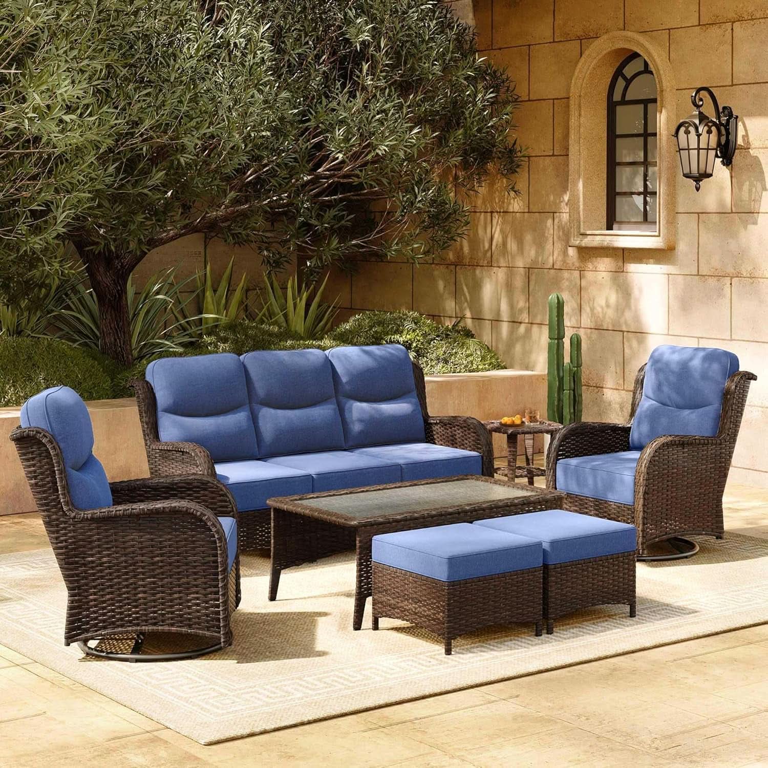 7-Piece Luxury Outdoor Wicker Patio Sofa Set with Swivel Rocking Chairs & Ottomans