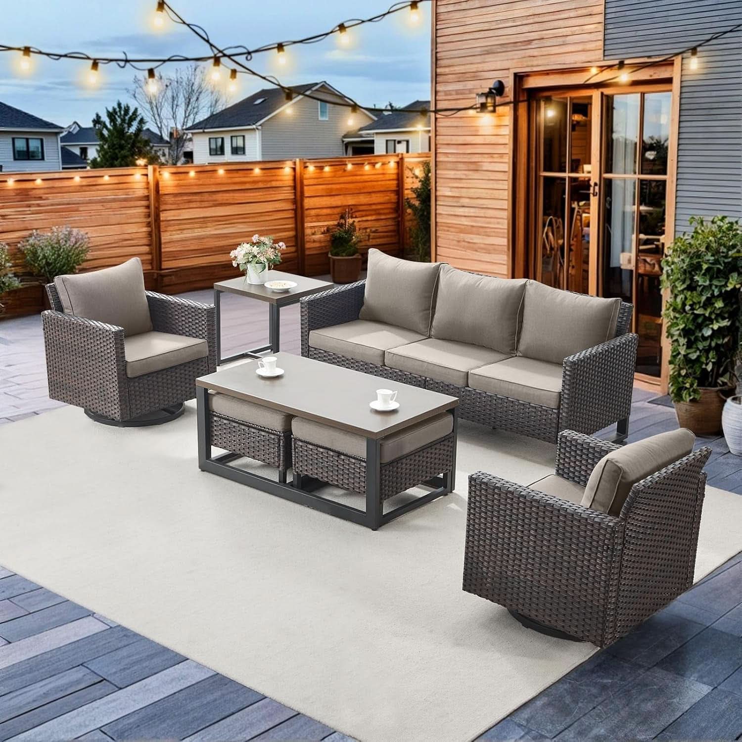 7-Piece Outdoor Wicker Patio Furniture Set with Swivel Rocking Chairs