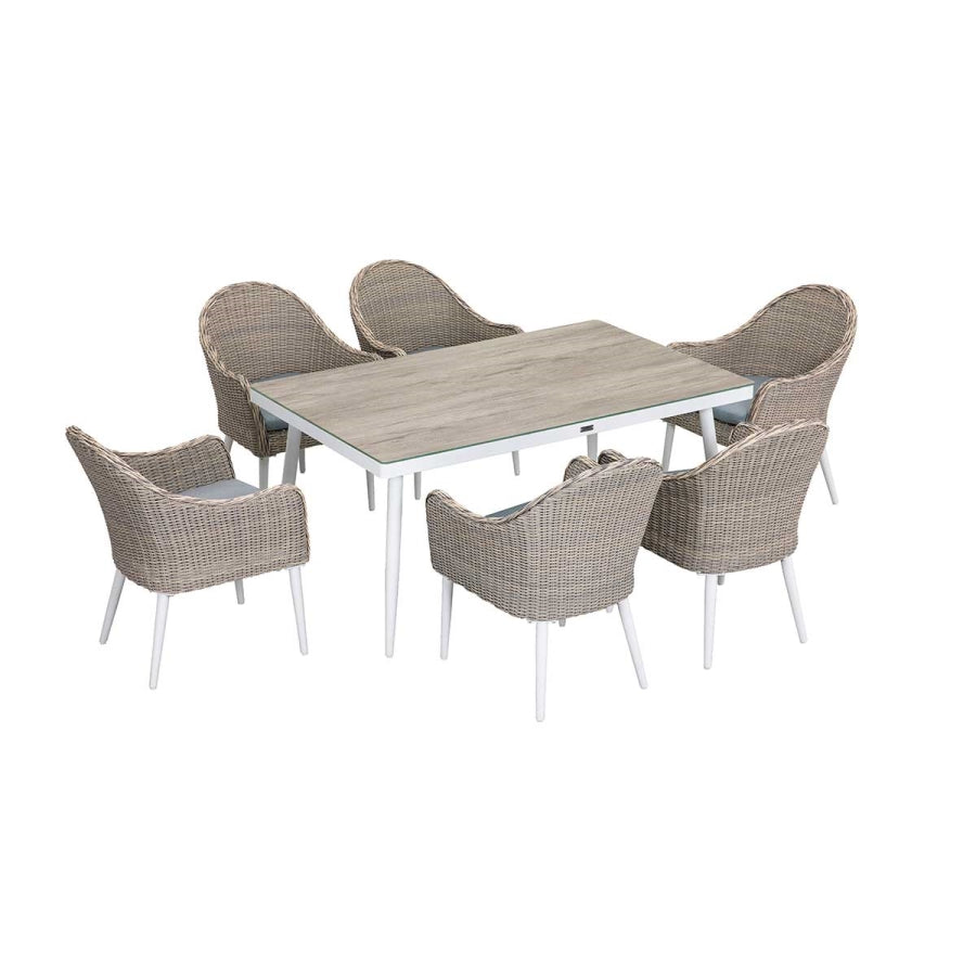 Allux 7-Piece Wicker Patio Dining Set with Ceramic Top Table & Cushioned Chairs – Seats 6
