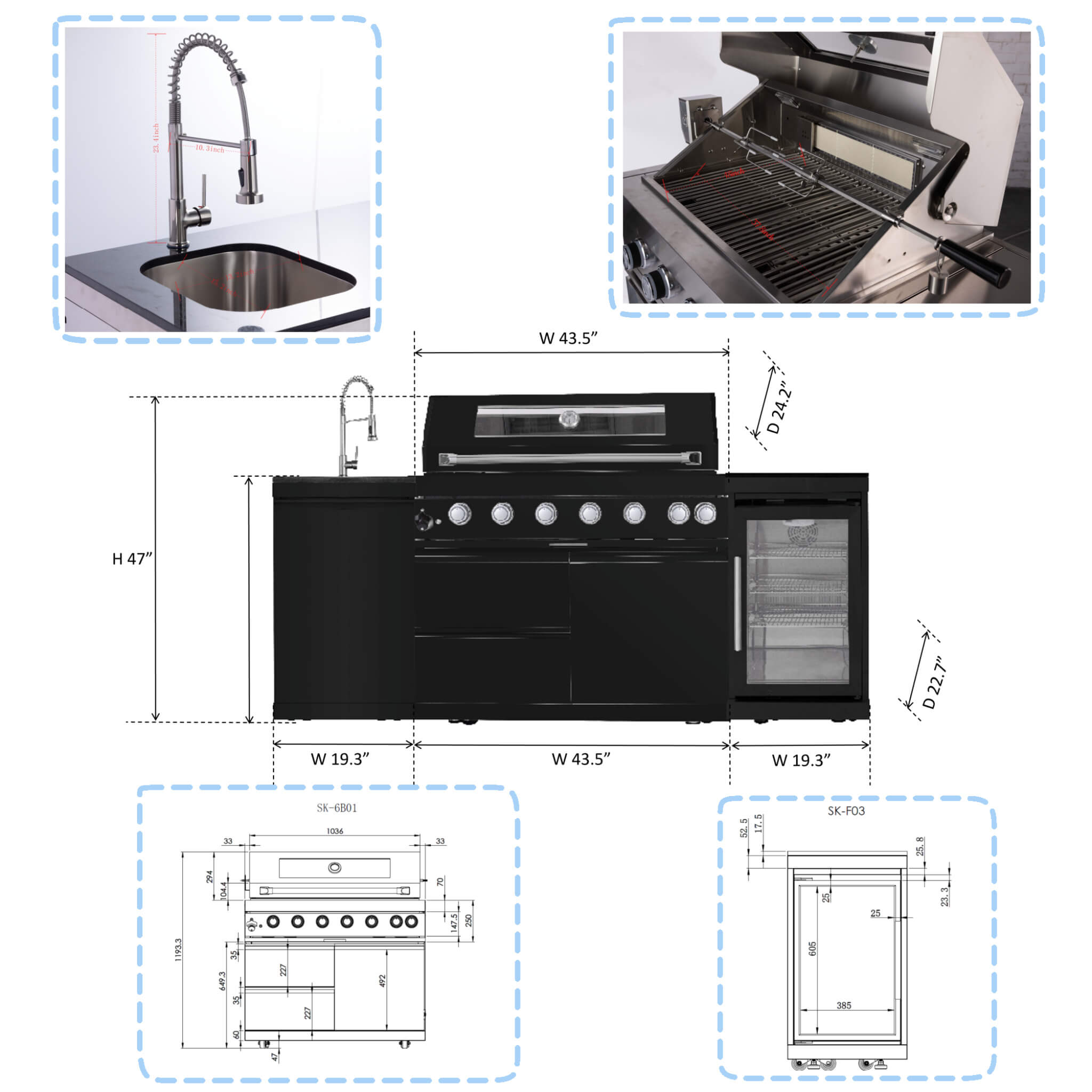 Castelle Flame 43 inch 6-Burner Outdoor Kitchen Island Grill with Wine Fridge, Sink & Wheels
