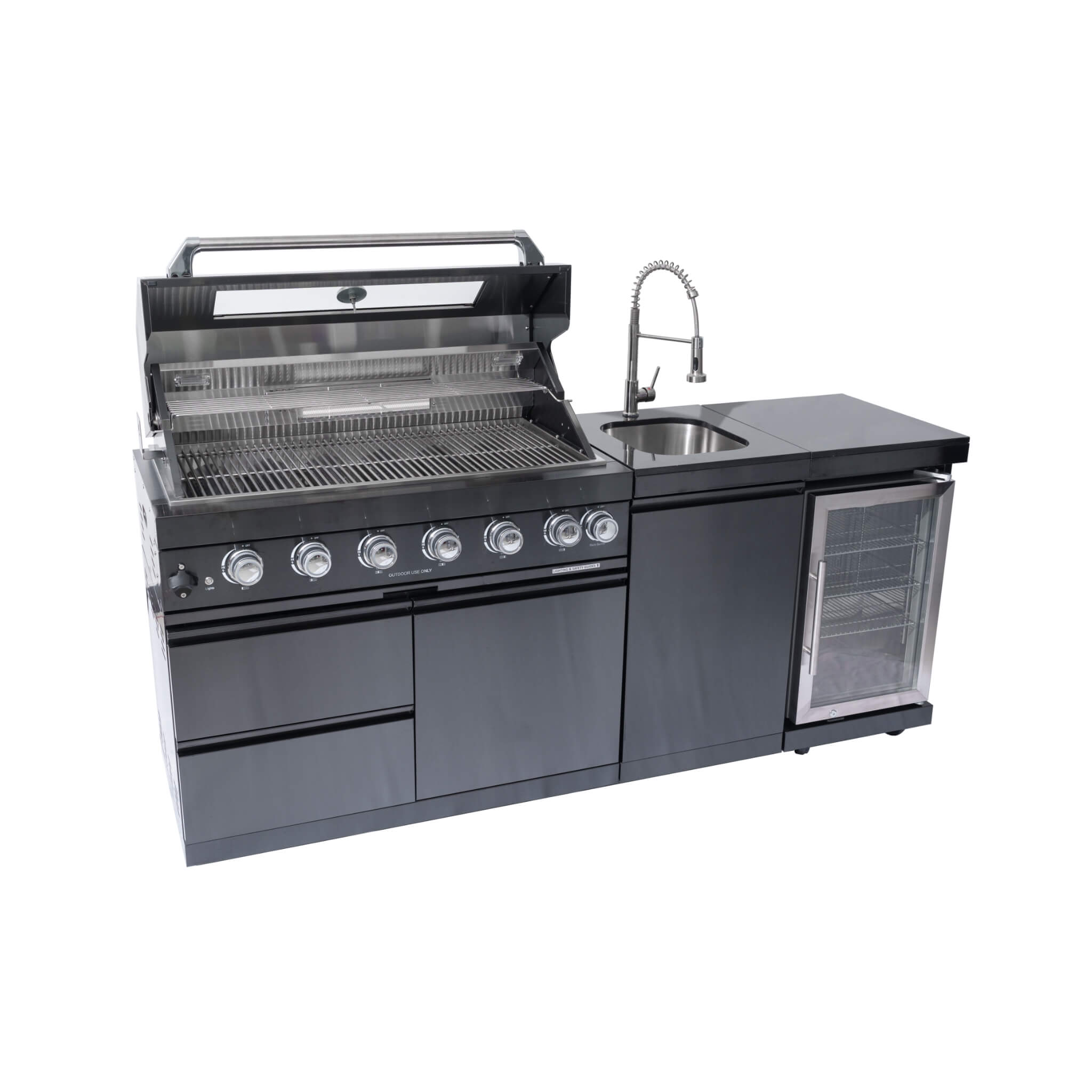 Castelle Flame 43 inch 6-Burner Outdoor Kitchen Island Grill with Wine Fridge, Sink & Wheels