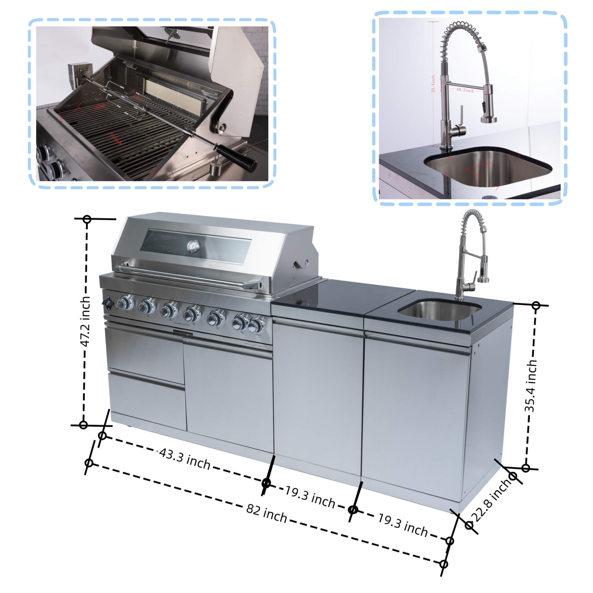 Castelle Flame 43 inch 6-Burner Outdoor Kitchen Island Grill with Sink & Granite Countertops