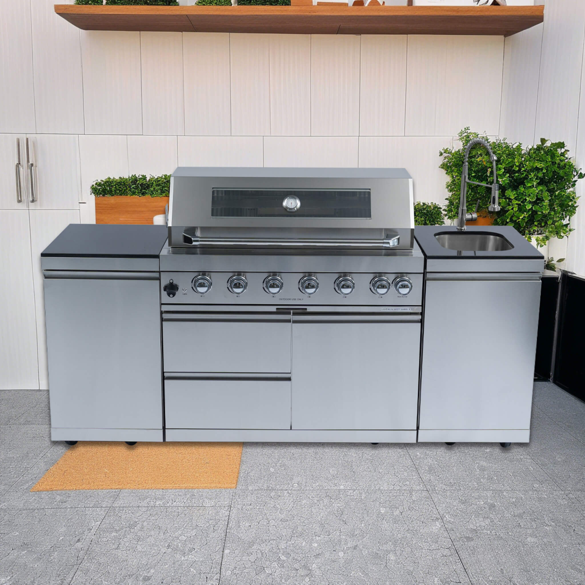 Castelle Flame 43 inch 6-Burner Outdoor Kitchen Island Grill with Sink & Granite Countertops