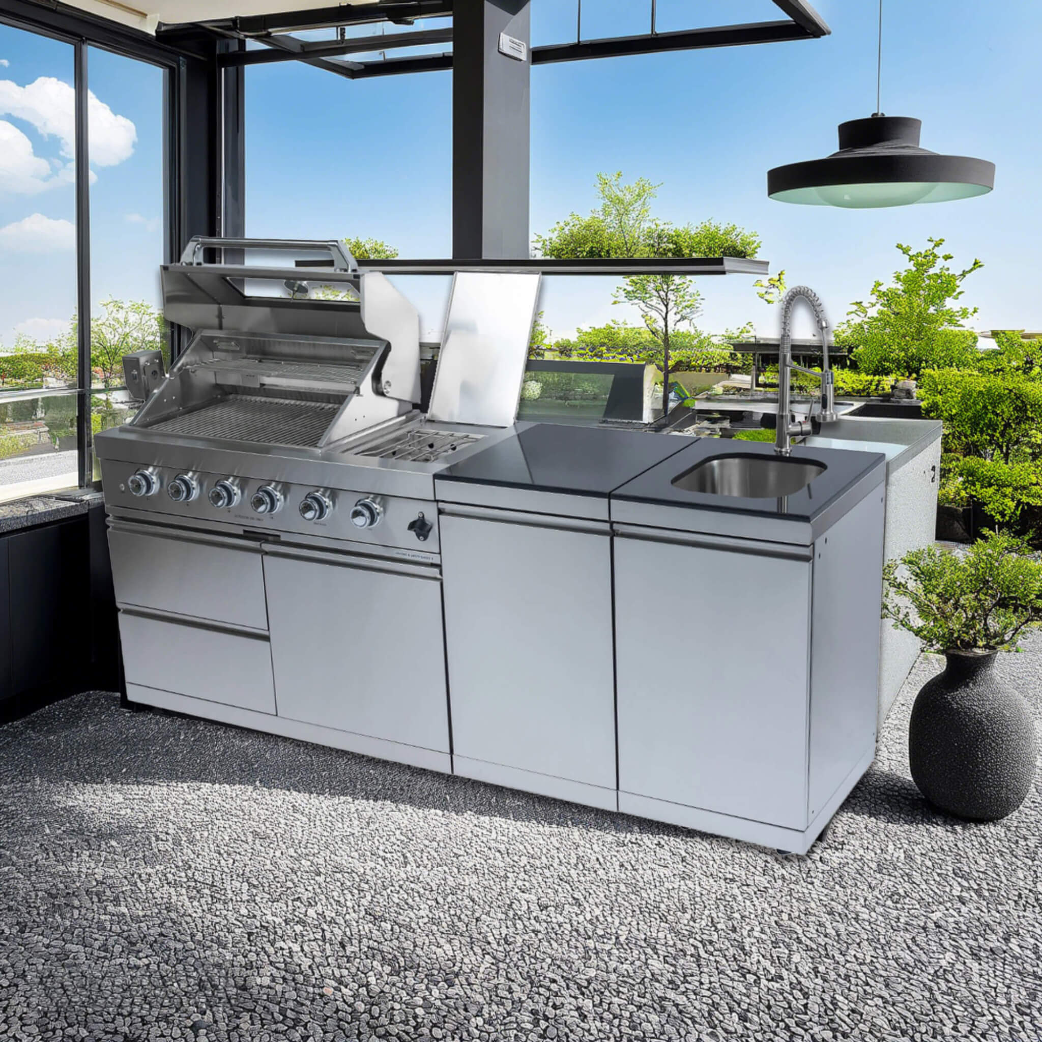 Castelle Flame 46 inch 4-Burner Outdoor Kitchen Island Grill – 85,000 BTU Stainless Steel with Granite Countertops