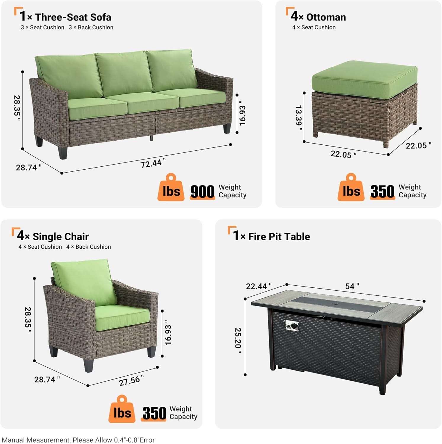 10-Piece Outdoor Patio Furniture Set with 54" Fire Pit Table, Sofa, Chairs & Ottomans