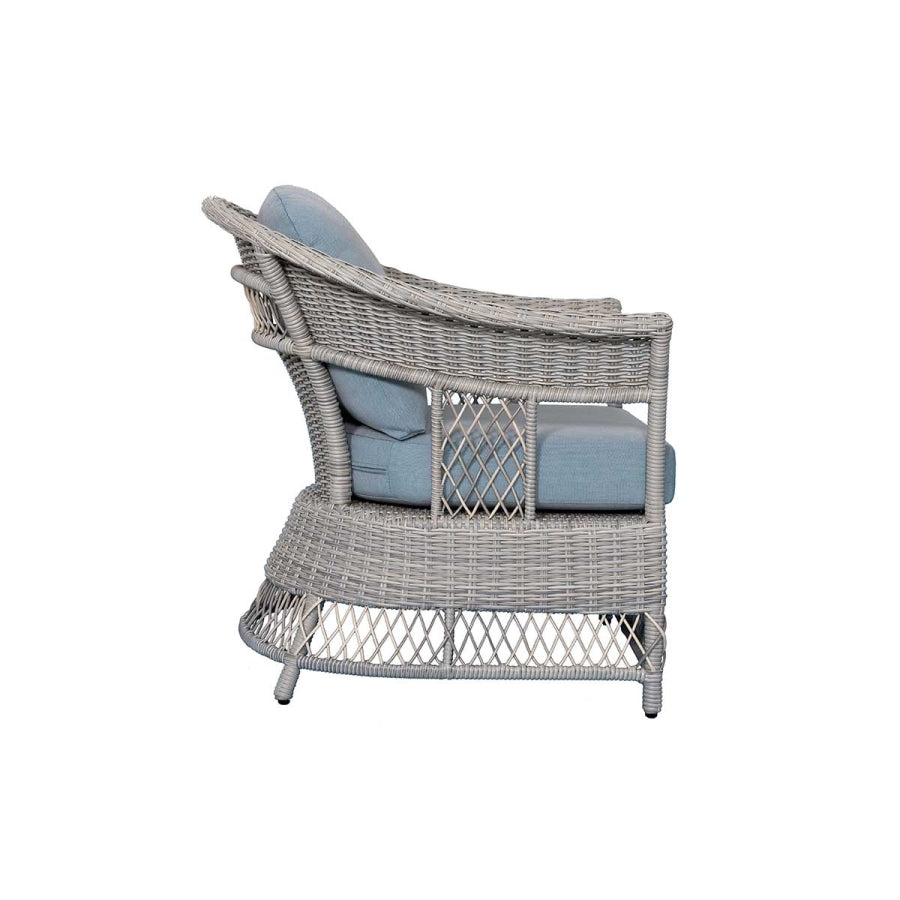 Shell 4-Piece Wicker Patio Sofa Set with Loveseat, Chairs & Wood-Look Table – Blue Cushions