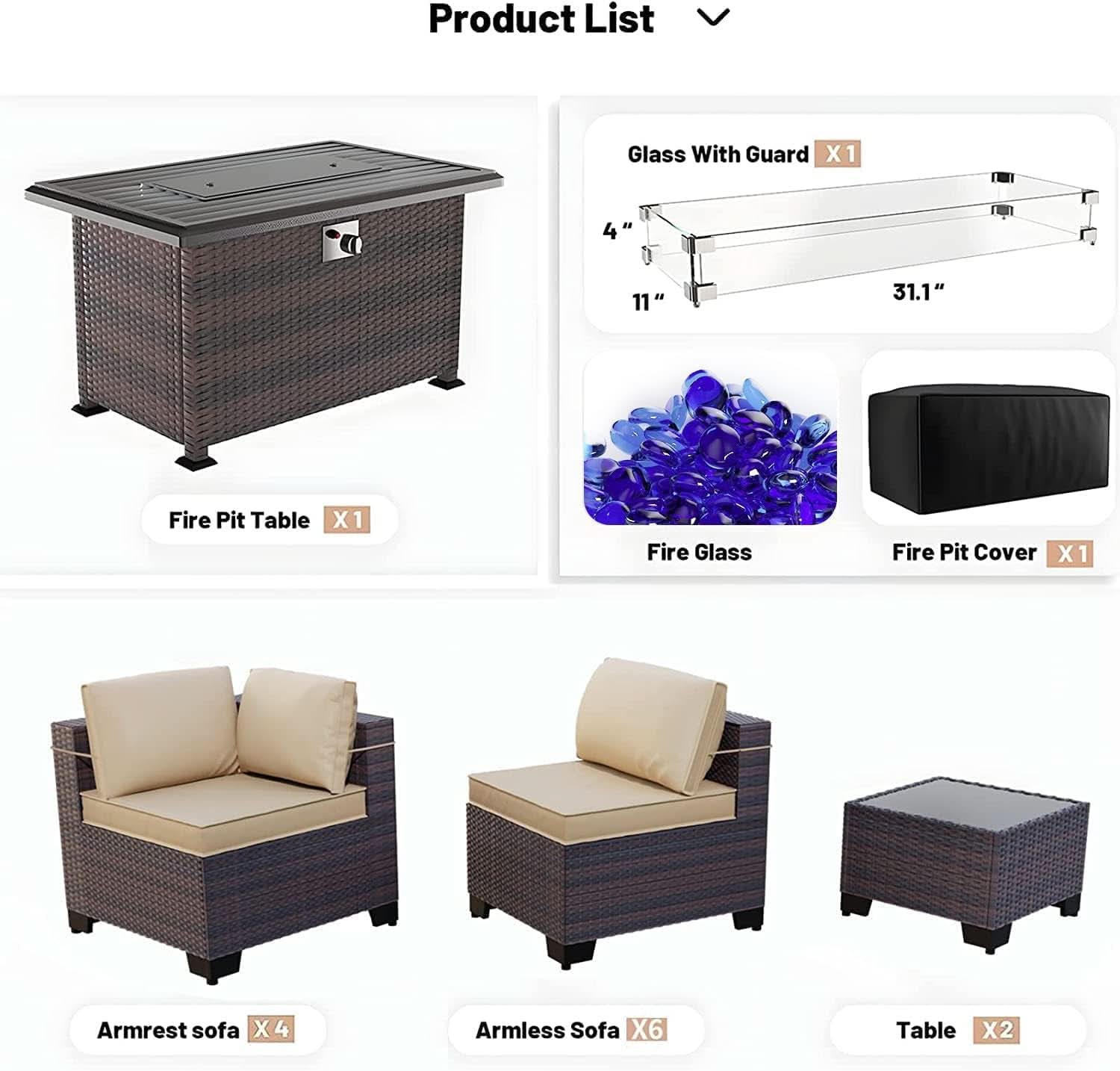 Luxury 13-Piece Modular Outdoor Wicker Patio Furniture Set with Fire Pit Table & Glass Side Tables