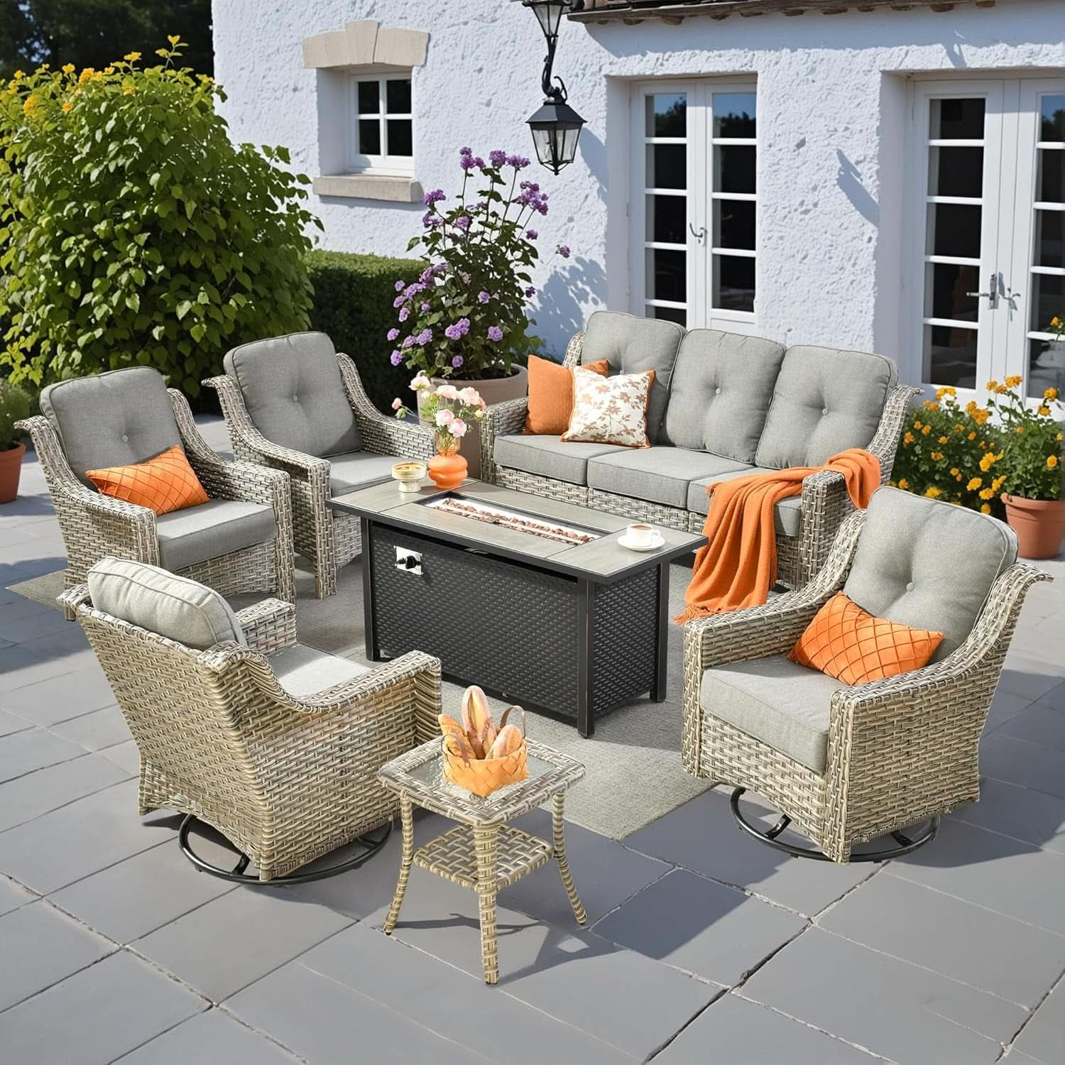 7-Piece Outdoor Wicker Patio Conversation Set with Fire Pit Table & Swivel Chairs
